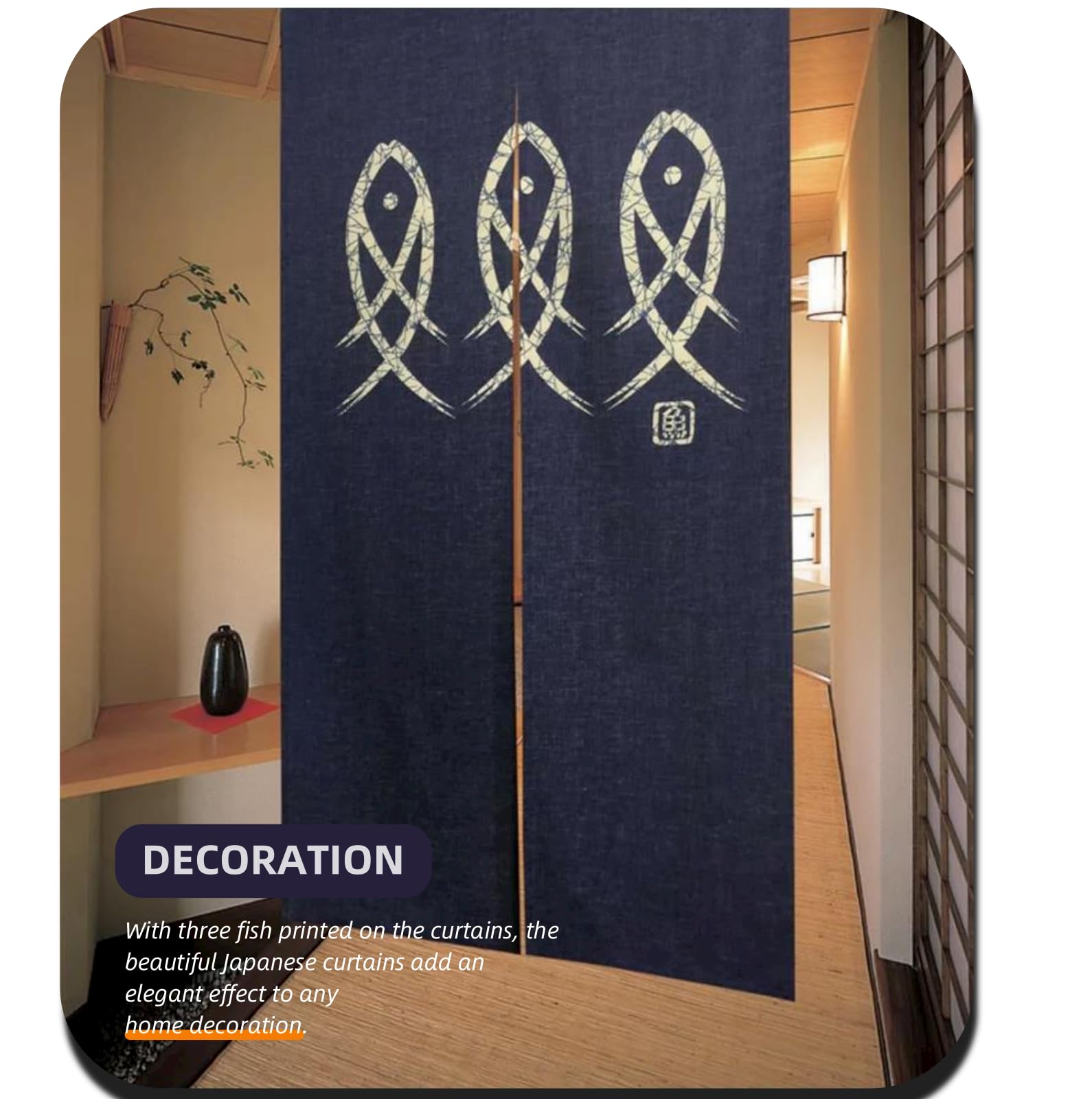 Tissting Tenda Porta Stile Giapponese, Arazzo Decorativo Noren con 3 Pesci, 150x85 cm, Tessuto di Alta Qualità per Ristoranti, Bar, Sala da Tè