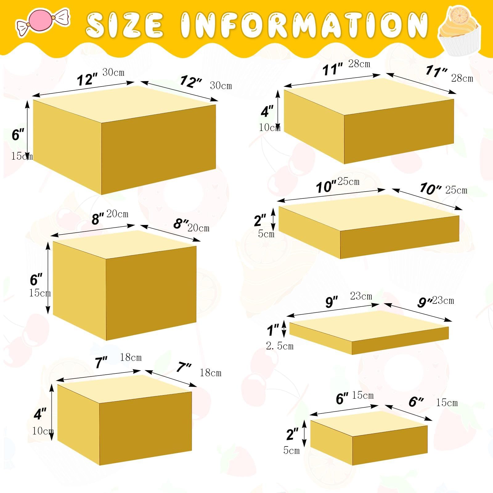 HEYOUTH Set de 7 elevadores grandes para buffet (15-30 cm) de acrílico – Cajas expositoras cuadradas con fondo hueco para mesas de postres, presentación de alimentos y suministros de catering (Gold)