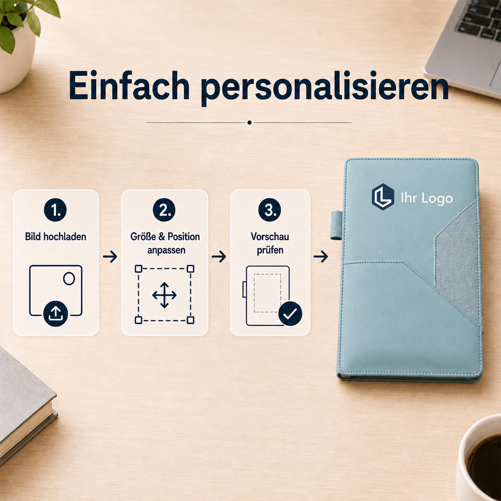 10 Stück Notizbuch Personalisiert mit Logo und Motiv Journal Buch | A5 | Linierte Seiten |200 Seiten | Wasserabweisender PU-Einband | Büro & Uni | Fronttasche für Stifthalter & Karten