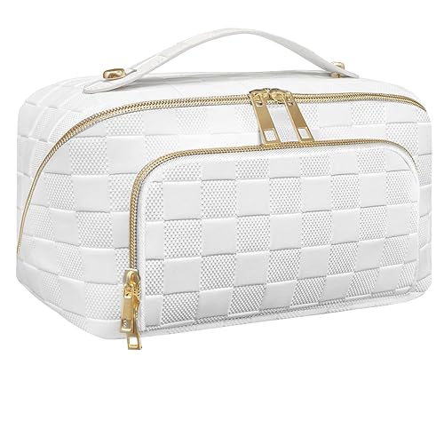 stona Bolsa de maquillaje de viaje para mujer, de piel sintética, de gran capacidad, impermeable, a cuadros, bolsa portátil para artículos de aseo