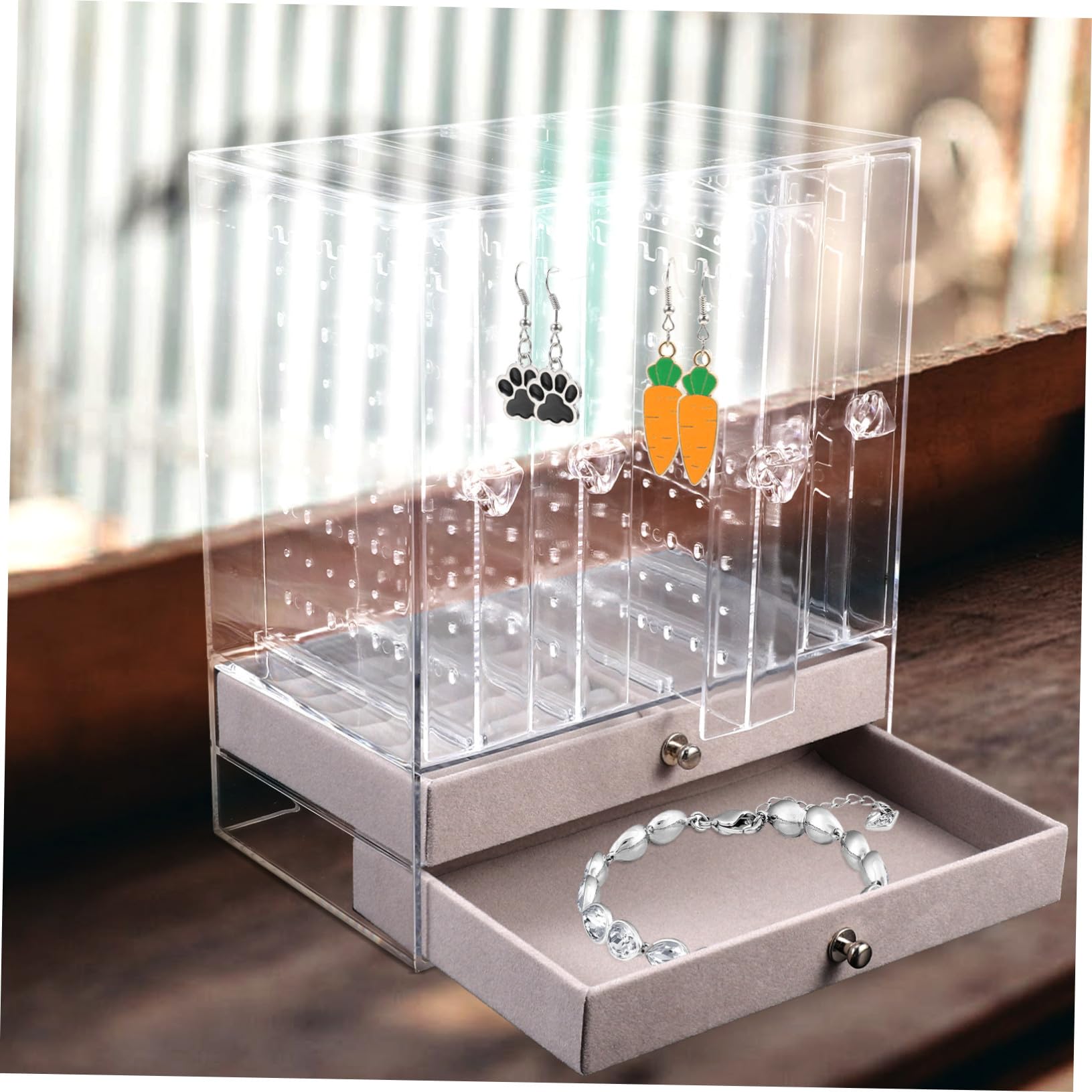 Schmuckkästchen und Vertikalen Ohrclip Halterungen mit Doppellagiger Schublade aus Acryl Einfache Schmuckaufbewahrung für Armbänder und Halsketten Am Tresen