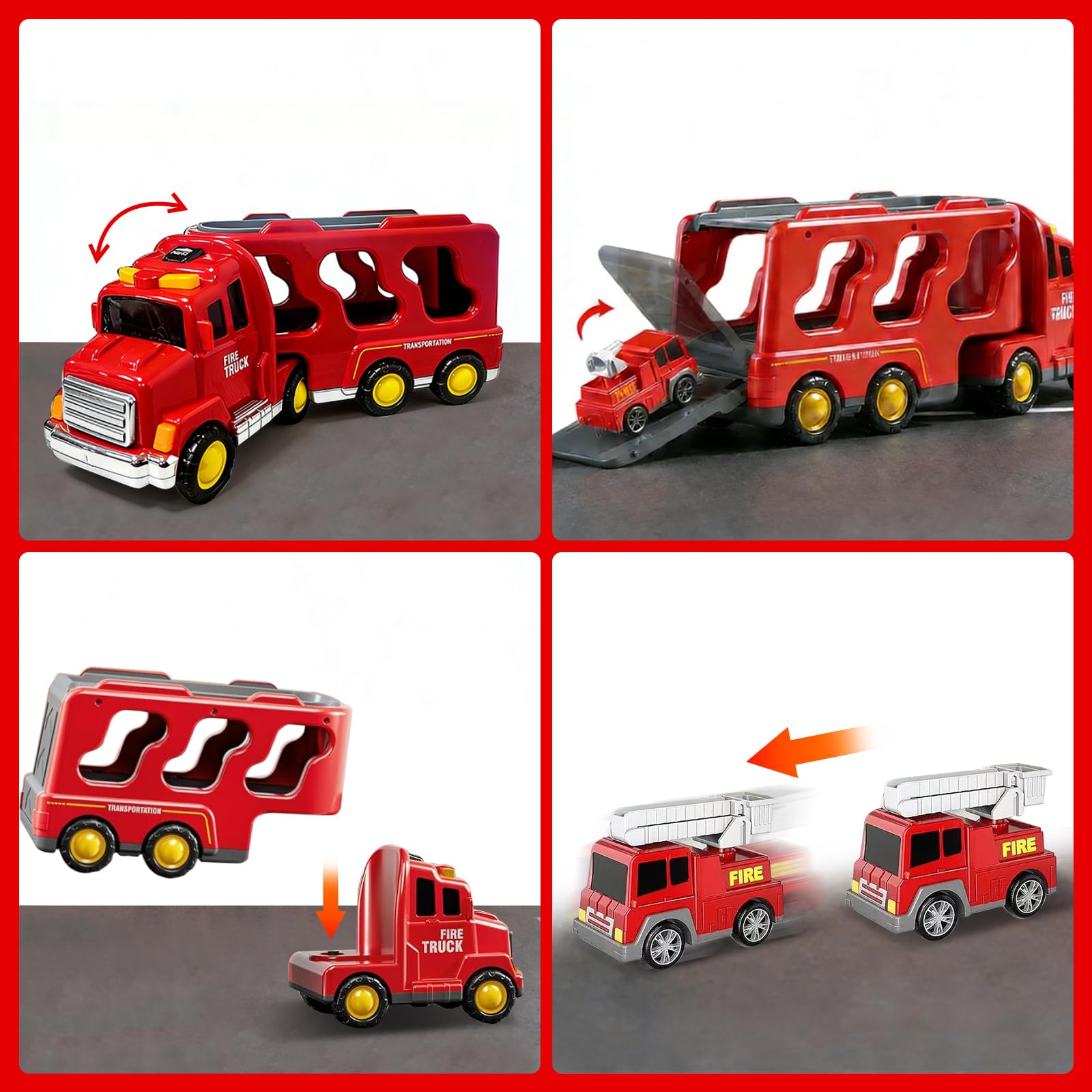 5 en 1 Camion Pompieri Giocattolo, Camion Trasportatore Macchinine con 4 Mini Camions dei Pompieri Camion dei Pompieri ad Inerzia avec Luci e Suoni Regalo per Ragazzi Ragazze di 3 4 5 6 anni