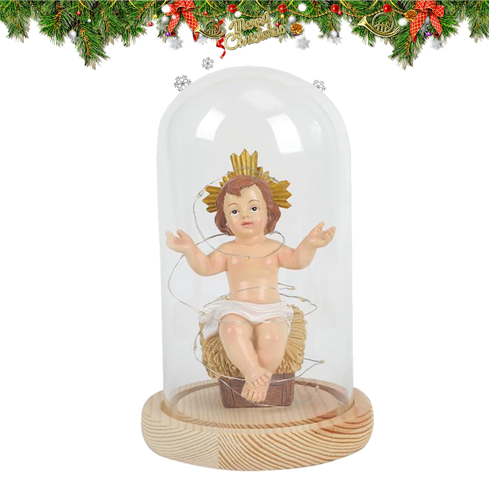 Figurka Baby Jesus, świecąca figurka Jezusa z żywicy w żłobie, ze światłem, świecąca szopka bożonarodzeniowa, dekoracja do domu, biura, na święta, Boże Narodzenie, wierzących chrześcijańskich