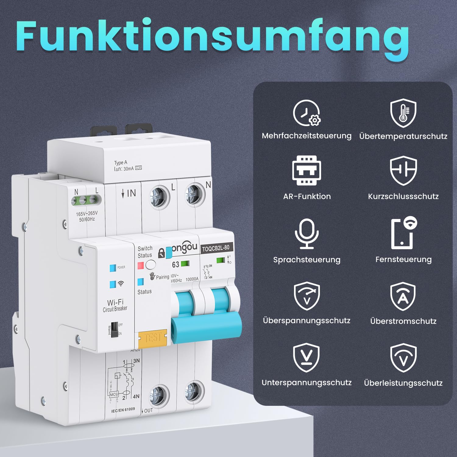 TONGOU WIFI FI-Schutzschalter RCBO 2P 63A 30mA Fi-schutzschalter Leitungsschutzschalter Tipo A para el hogar y enchufes, Icu10kA, montaje DIN, control remoto inteligente