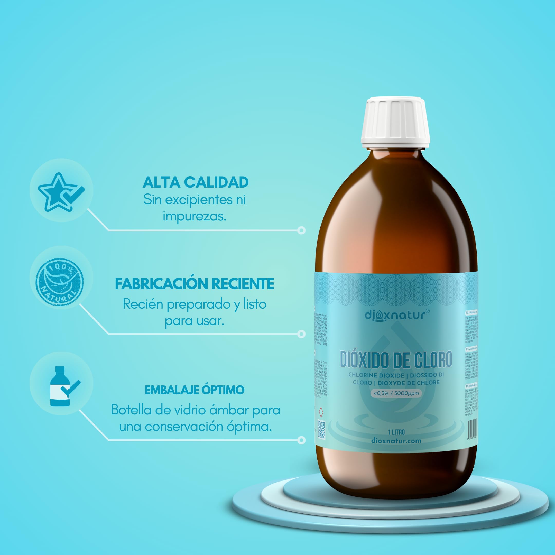 Dióxido de Cloro 3000 ppm 1 litro CDS 0.3% Botella de Vidrio Ámbar con Gotero y Jeringuilla