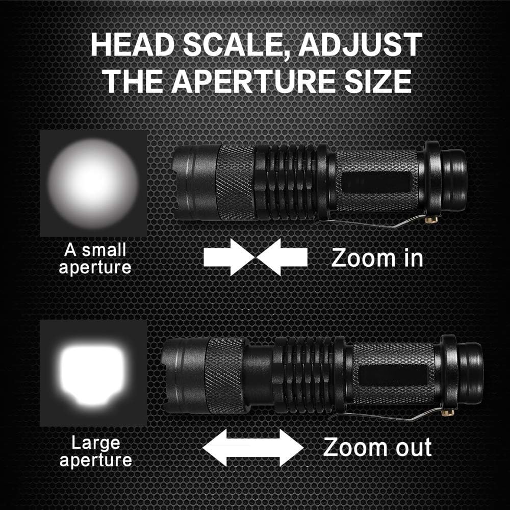 Mini latarka taktyczna LED, 300 lm, regulowana ostrość, zoom światła, wodoszczelna, na wędrówki, kemping (4 sztuki)