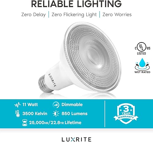 Miniatura 7 de LUXRITE Paquete de 6 bombillas LED PAR30, equivalente a 75 W, blanco natural de 3500 K, 850 lúmenes, 11 W regulable, bombilla para interiores y