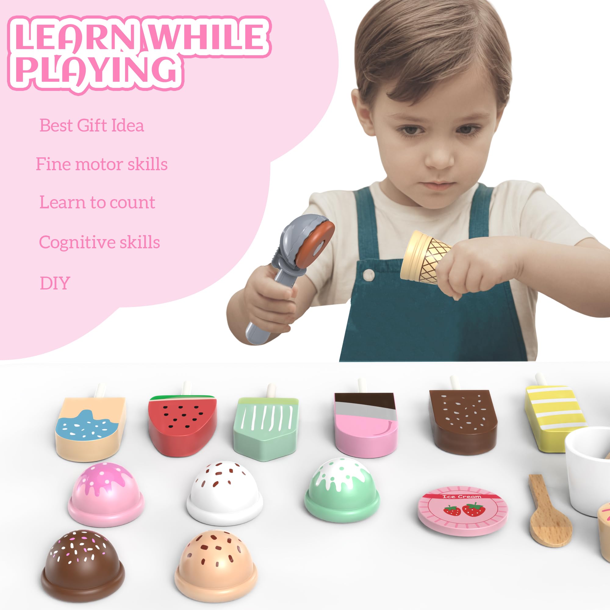 Gelateria giocattoli in legno per bambini da 3 4 5 6 anni ragazzi ragazze, accessori da cucina per bambini, negozio per la spesa, accessori da cucina da gioco in legno