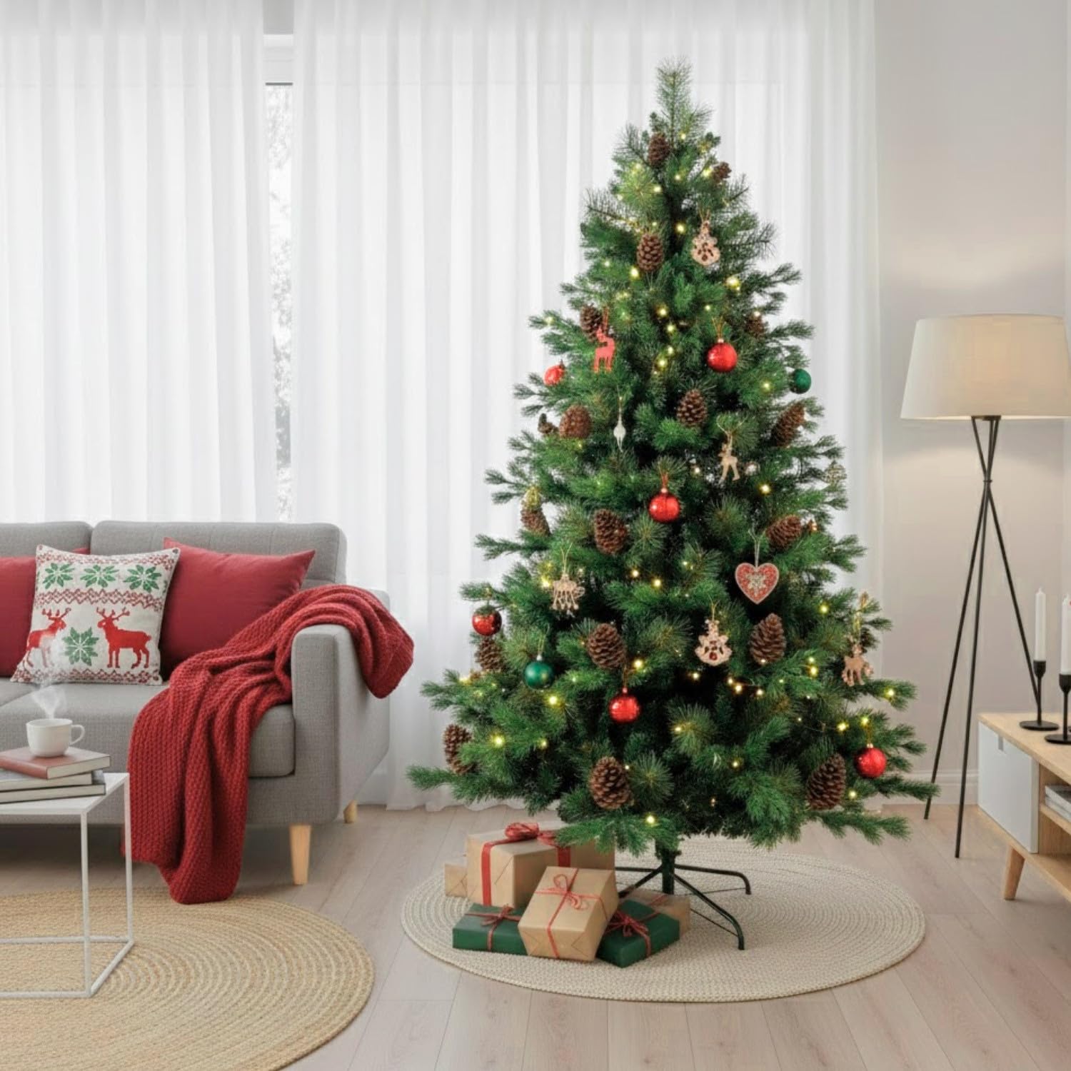 DAYRON - Árbol de Navidad Artificial Verde con Ramas Abatibles y Soporte Metálico Plegable, Decorado con Piñas Naturales, Disponible en 180 y 210 cm, Montaje Rápido y Fácil de Guardar