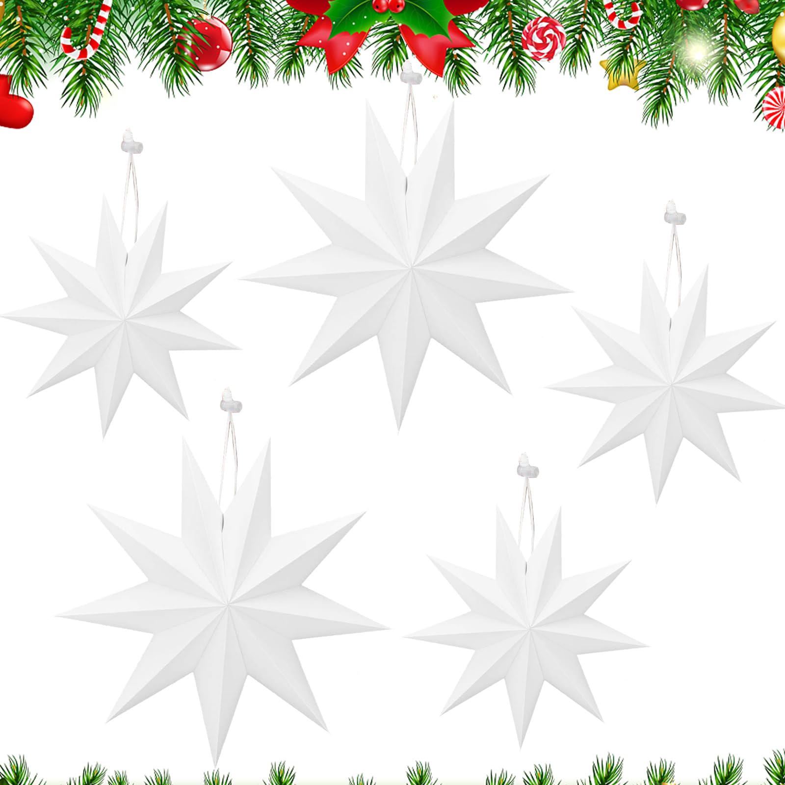5 Stelle Decorative Natalizie In Carta – 30 Cm E 45 Cm, Pieghevoli, Colori Bianco, Azzurro, Grigio, Verde E Kraft, Per Albero E Finestra