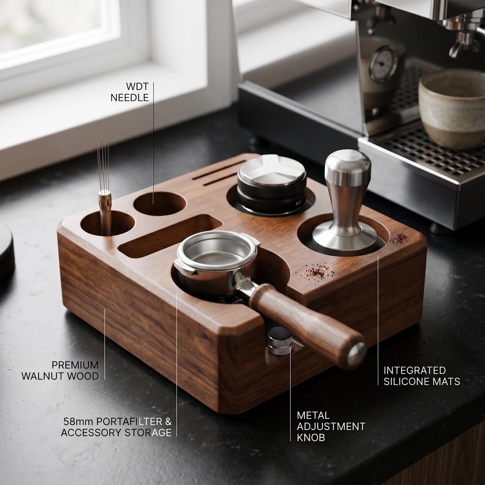 AUNMAS 58-mm-Espresso-Tampingstation, Multifunktionaler Kaffeezubehör-Organizer, Verteilerhalter, Ständer, Werkzeugaufbewahrung, Passend für Standard-Siebträger