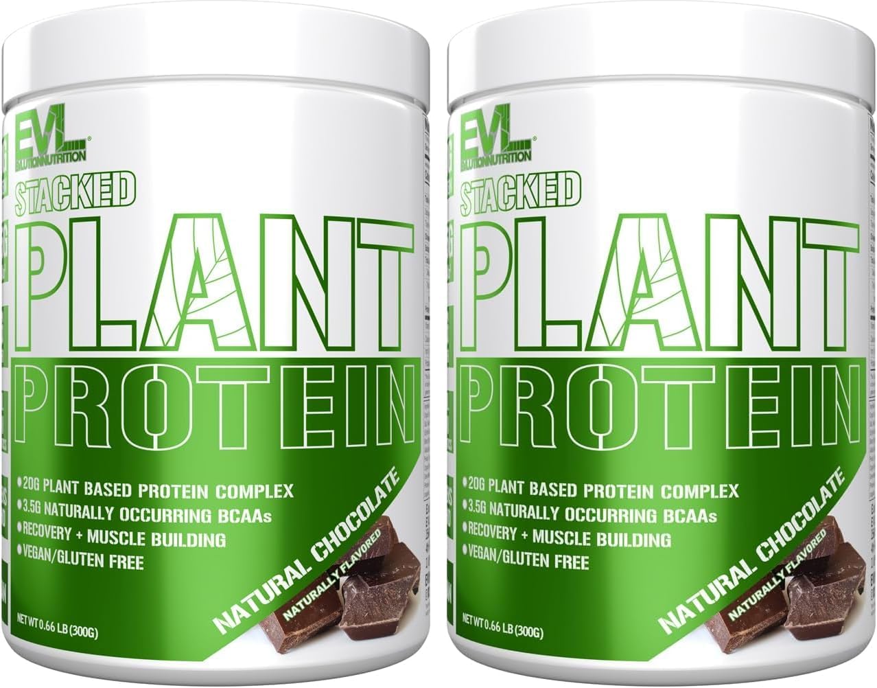 Evlution Nutrition Stacked Plant Protein Powder, Vegan, Non-GMO, Gluten-Free, Probiotics, BCAAs, Fiber, Plant-Based Protein Complex, 300G (Natural Chocolate) (Pack of 2)