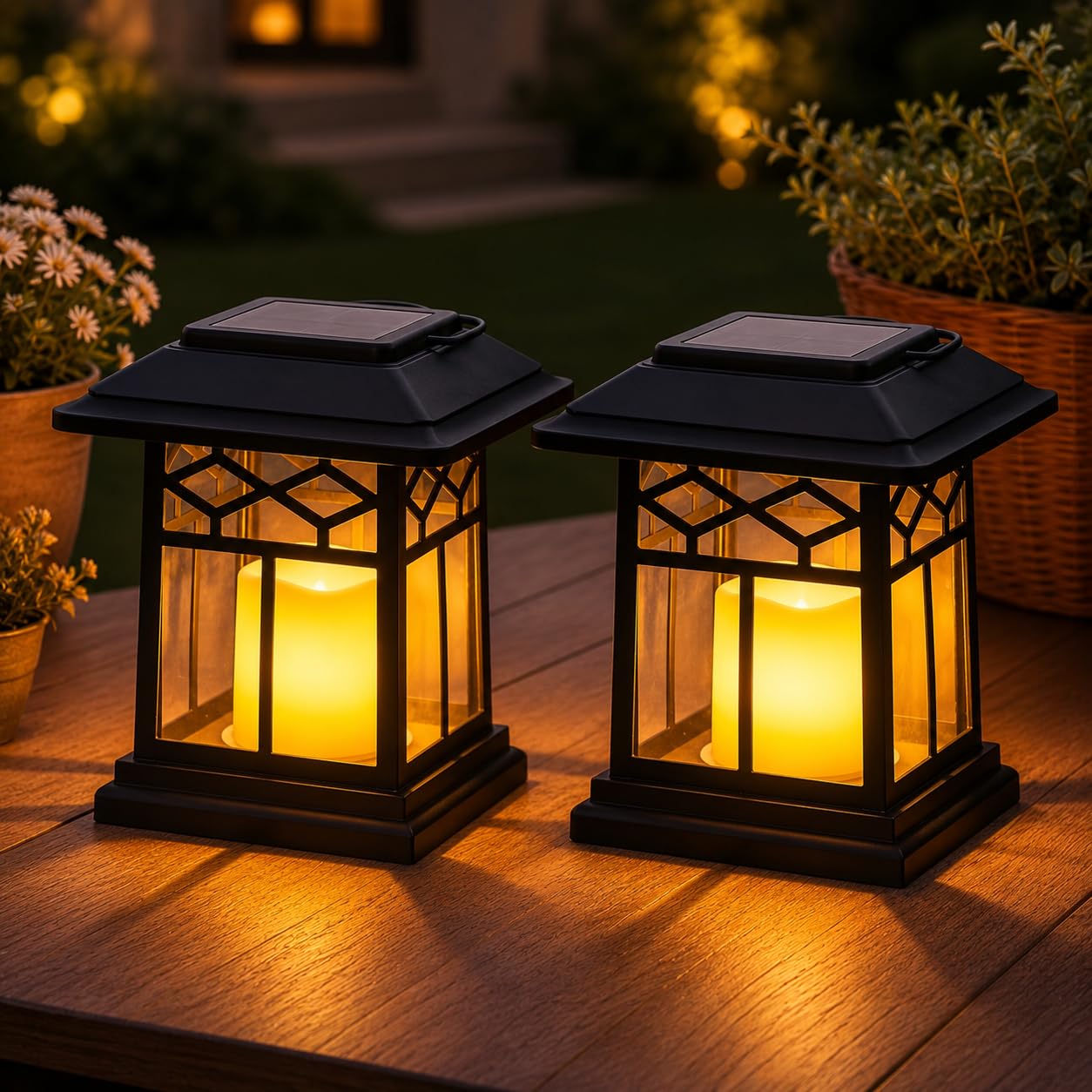 Festive Lights Black – Set Of 2 Solar Powered Candle Lanterns – 23.5Cm 3-In-1 Garden Lanterns With Ground Stakes, Flickering Amber Led Flame Effect, Outdoor, Hanging Or Tabletop Patio & Pathway Lights