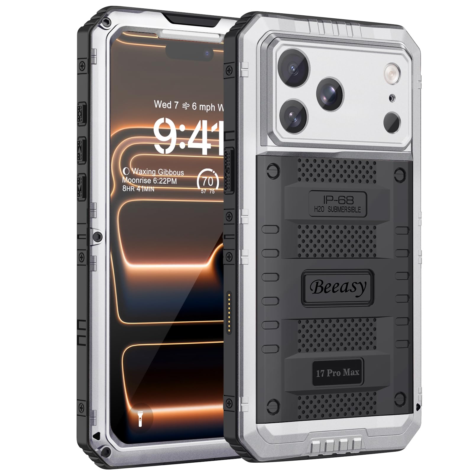 Beeasy Funda para iPhone 17 Pro MAX Impermeable IP68 360°, Carcasa Metálica Armor Militar Antigolpes, Protección Irrompible Resistente Antipolvo Sumergible Acuatica Estanca Waterproof Case, Plateado