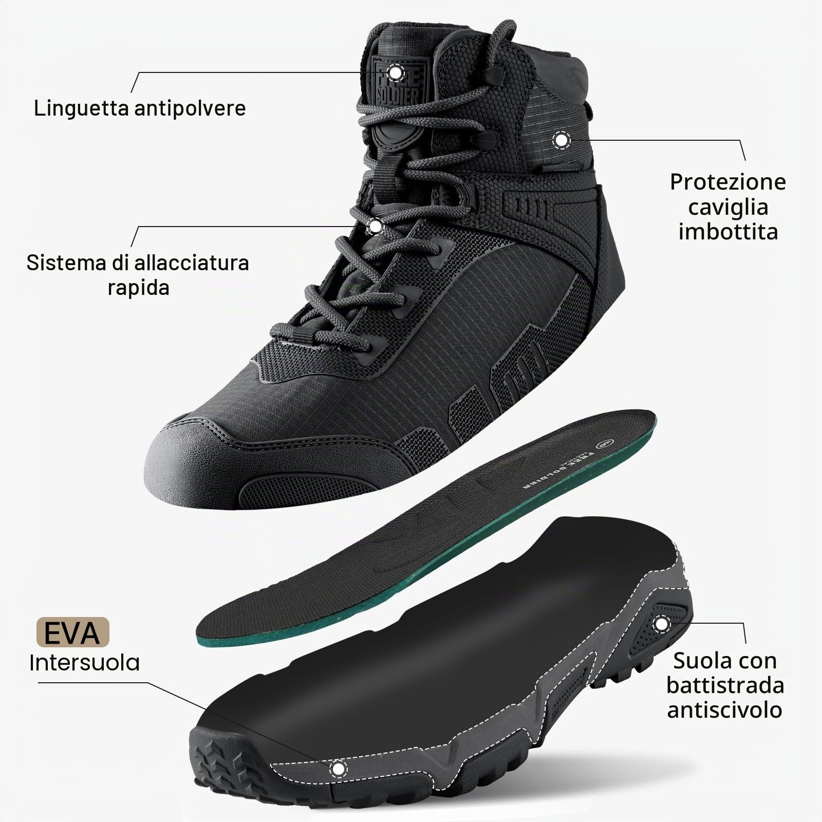 FREE SOLDIER Stivali da Caccia da Uomo Mid High Stivale Tattico da Combattimento Militare Allacciate Scarpe per Tutti i Terreni per Escursionismo, Lavoro, Esercito