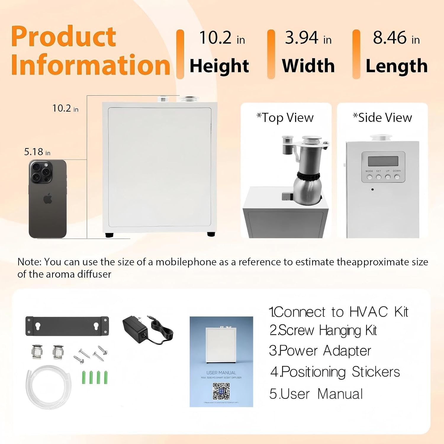 4000 Sq.Ft HVAC Smart Scent Diffuser for Home All-Metal Material. Suitable for Large residences, Hotels or Offices. Capacity 500 ml. Supports Bluetooth APP Control.