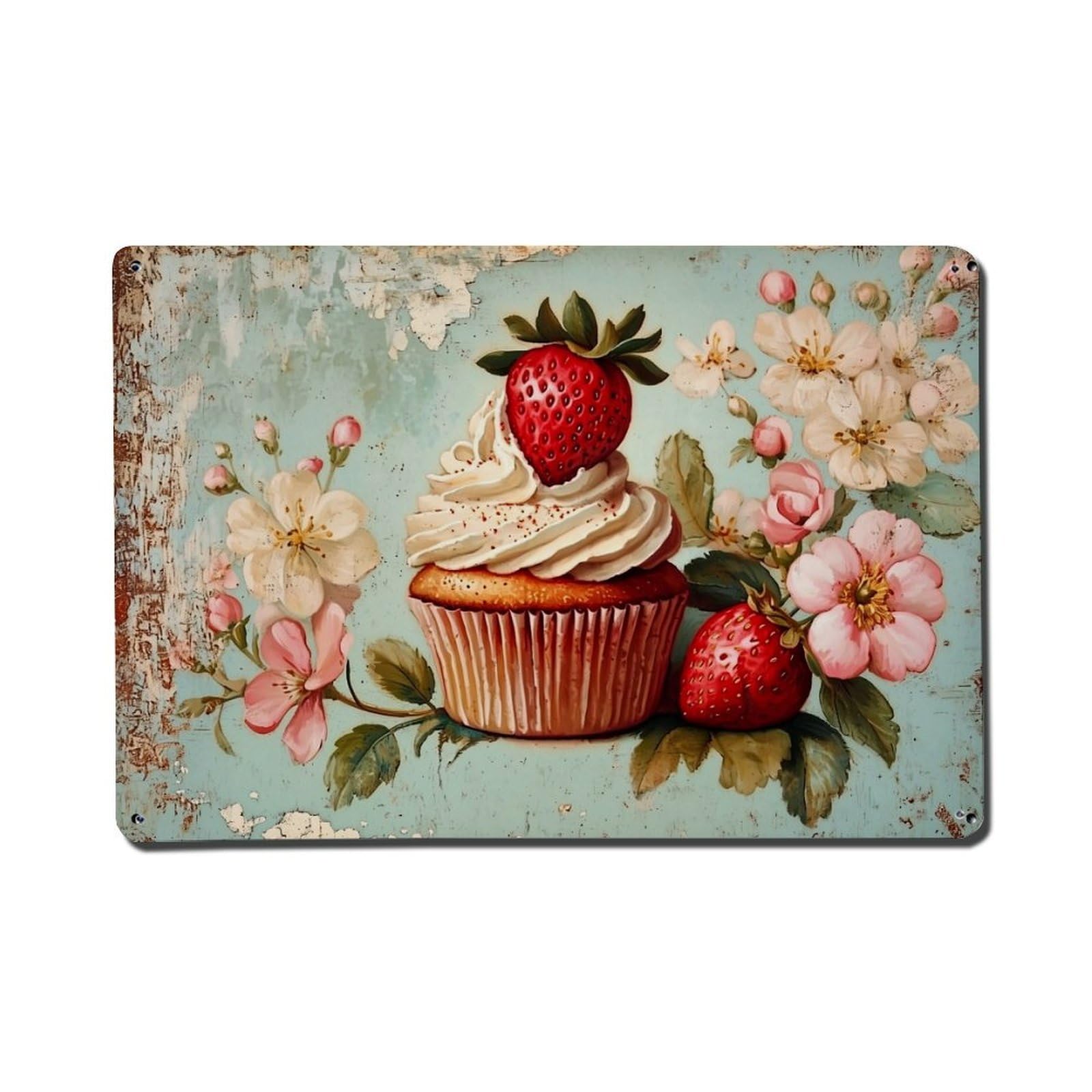 Cupcake Strawberry Flowers Vintage Background Metal Tin Sign Plaque