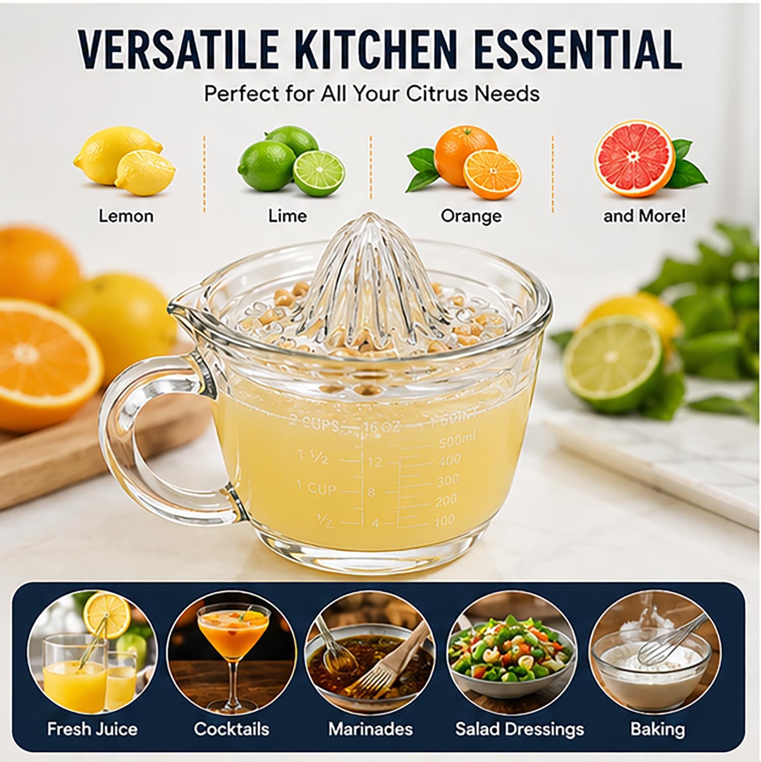 Glass Manual Lemon Squeezer with Measuring Cup, 2 Cup/500ML