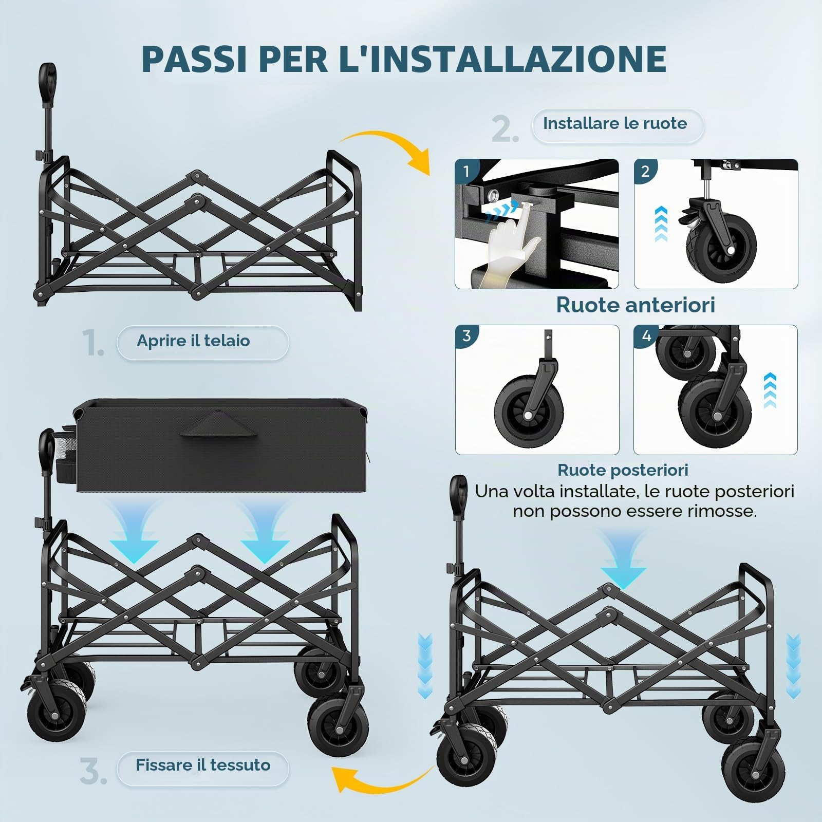 100L carrellino spiaggia, carrello spiaggia ruote grandi ad alta portata, grandi ruote fuoristrada, capacità 100KG carrello con ruote portatutto spiaggia per Giardino, Campeggio, Spese