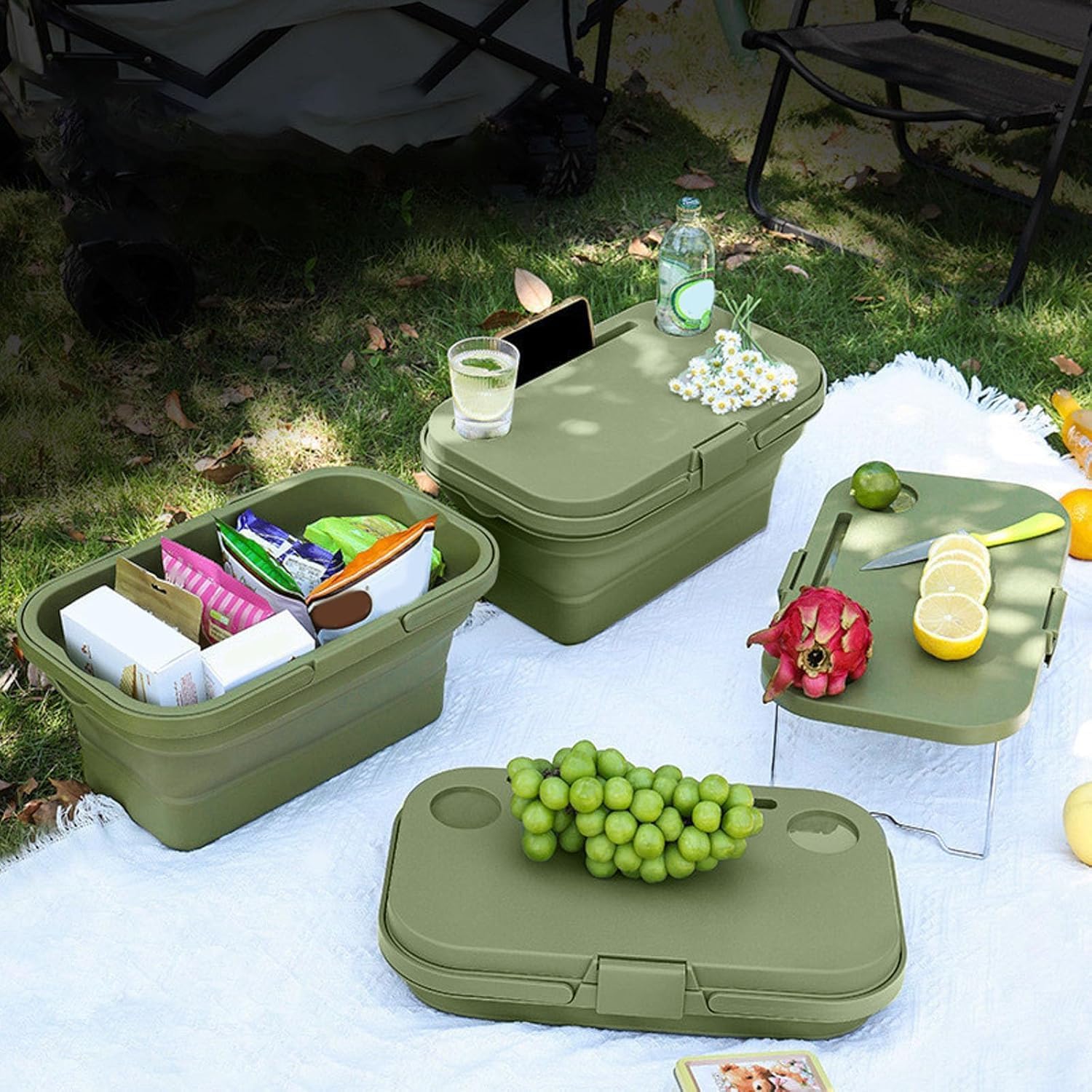 Picnic Basket with Table – Foldable Large Capacity Camping Basket, Car Trunk Organizer & Leak-Proof Ice Bucket | for Outdoor Trips, Home Storage & Beach Days (Green)