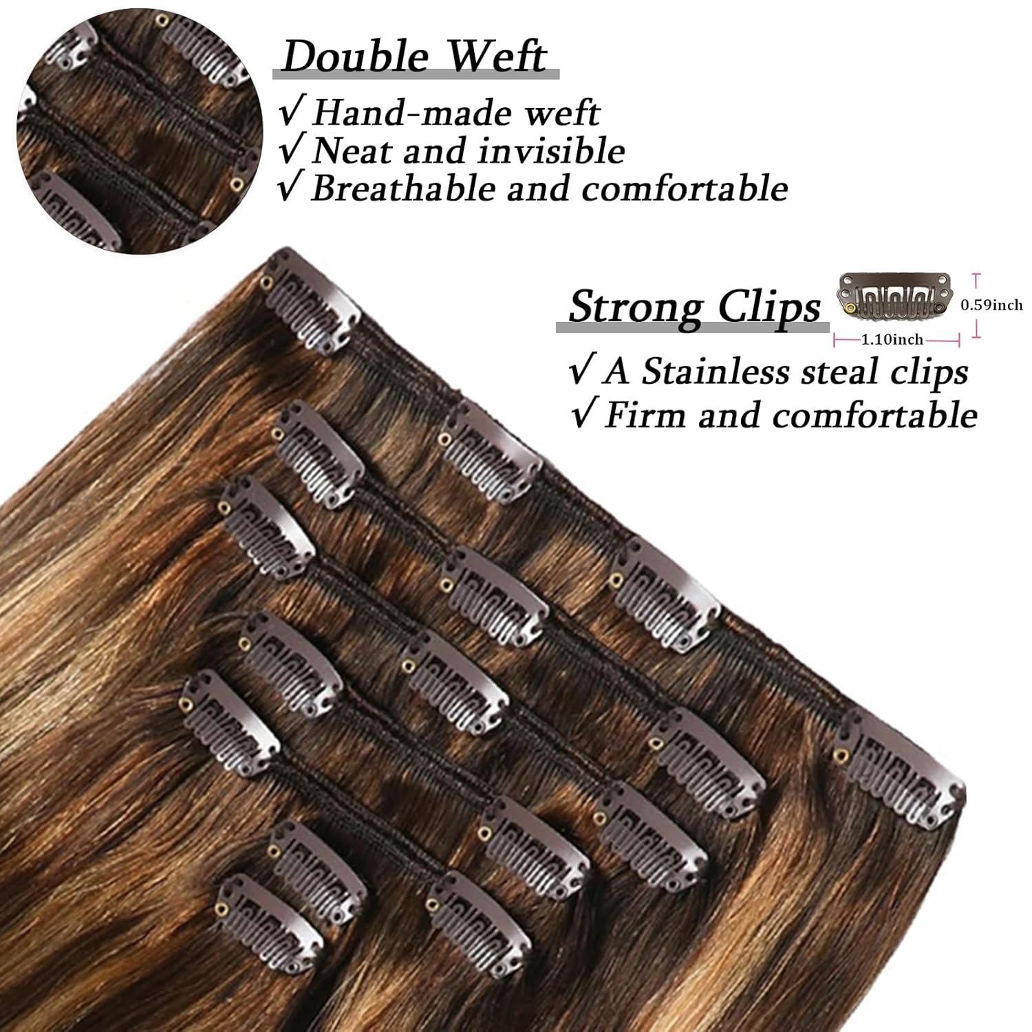 Savasana Clip in Hair Extensions Real Human Hair Straight 7 Pcs Balayage Clip in Hair Extensions Double Weft Thick Chocolate Brown to Caramel Blonde 18 Inch 120g