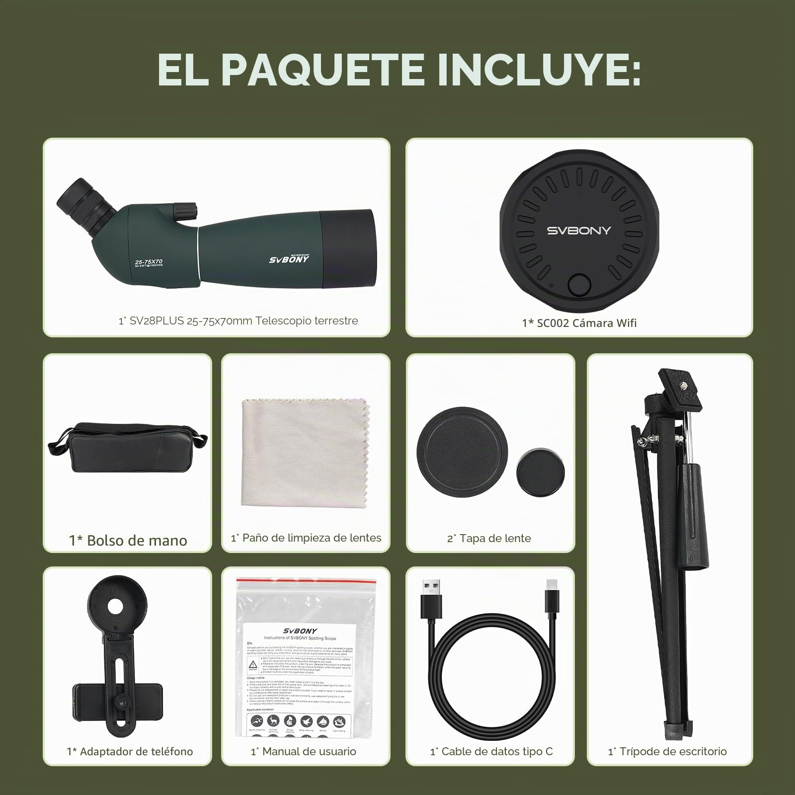 Svbony SV28PLUS Upgrade 25-75x70mm Telescopio Terrestre, con SC002 WiFi Cámara, BAK4 A5 Rojo Vino FMC Lente Recubierta, con Teléfono Adaptador, Bolsa de Trípode, para Observación de Aves, Fotografía