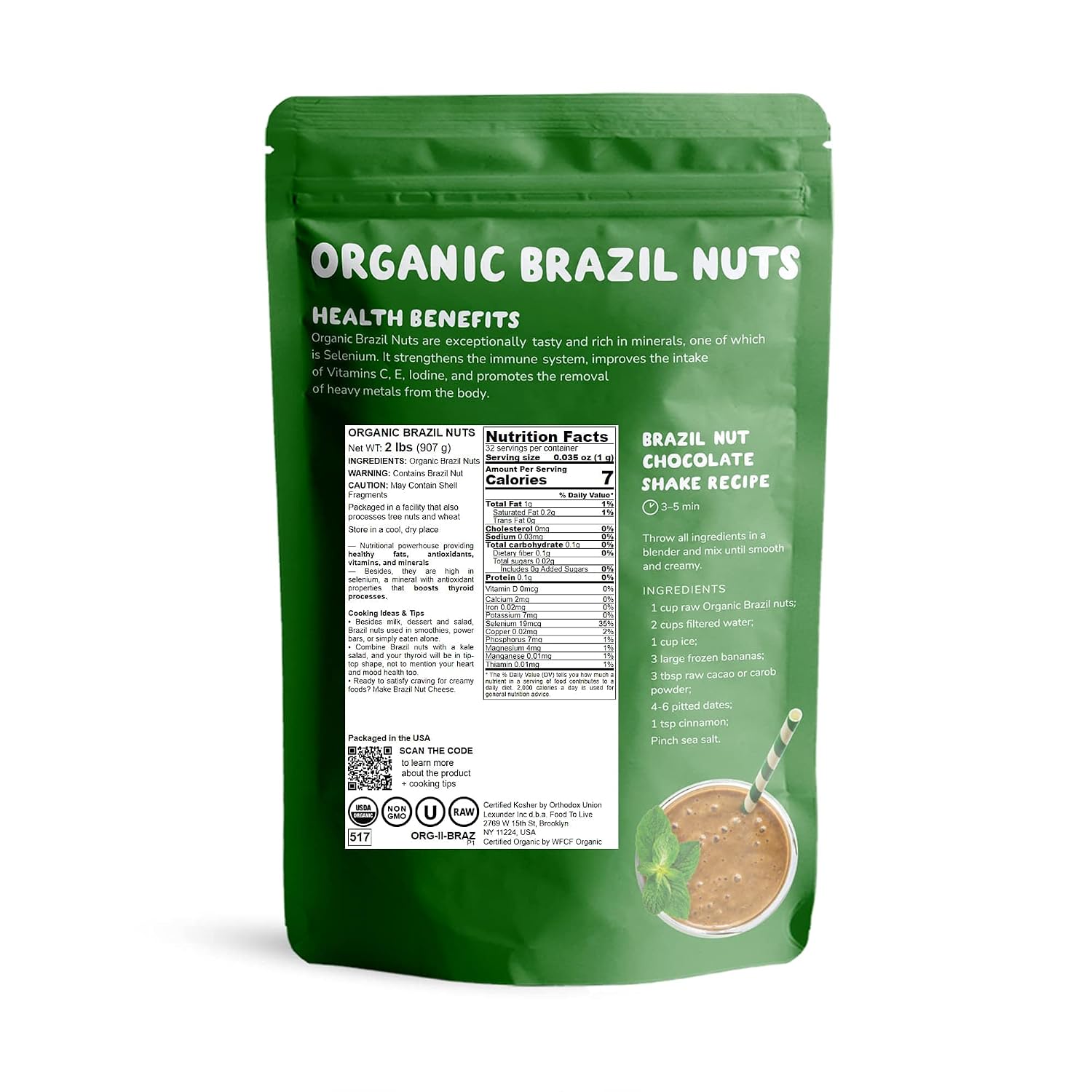 Food to Live - Organic Brazil Nuts, 2 Pounds – Non-GMO, Raw, Whole, No Shell, Unsalted, Kosher, Vegan, Keto, Paleo Friendly, Bulk, Rich in Selenium