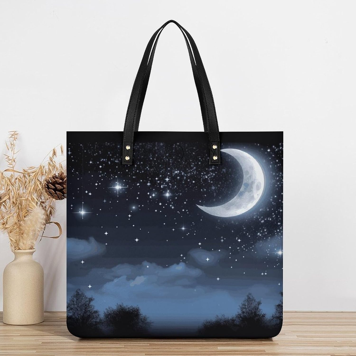 Nightsky Hanging Moon Tote Bag with Magnetic Buckle Reusable Grocery Bags Lightweight Cross Body Handbag for Daily Essentials