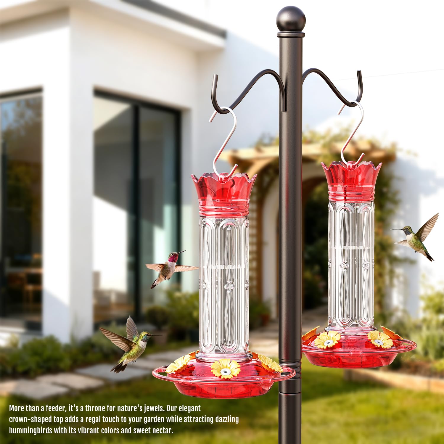 Birdream 2 Pack Hummingbird Feeders for Outdoors Hanging, Plastic Bird Nectar Feeder with 5 Bee Guard Feeding Ports & Cleaning Brush, Leak Proof, Built-in Ant Moat, 20 Ounces Total, Red - 2