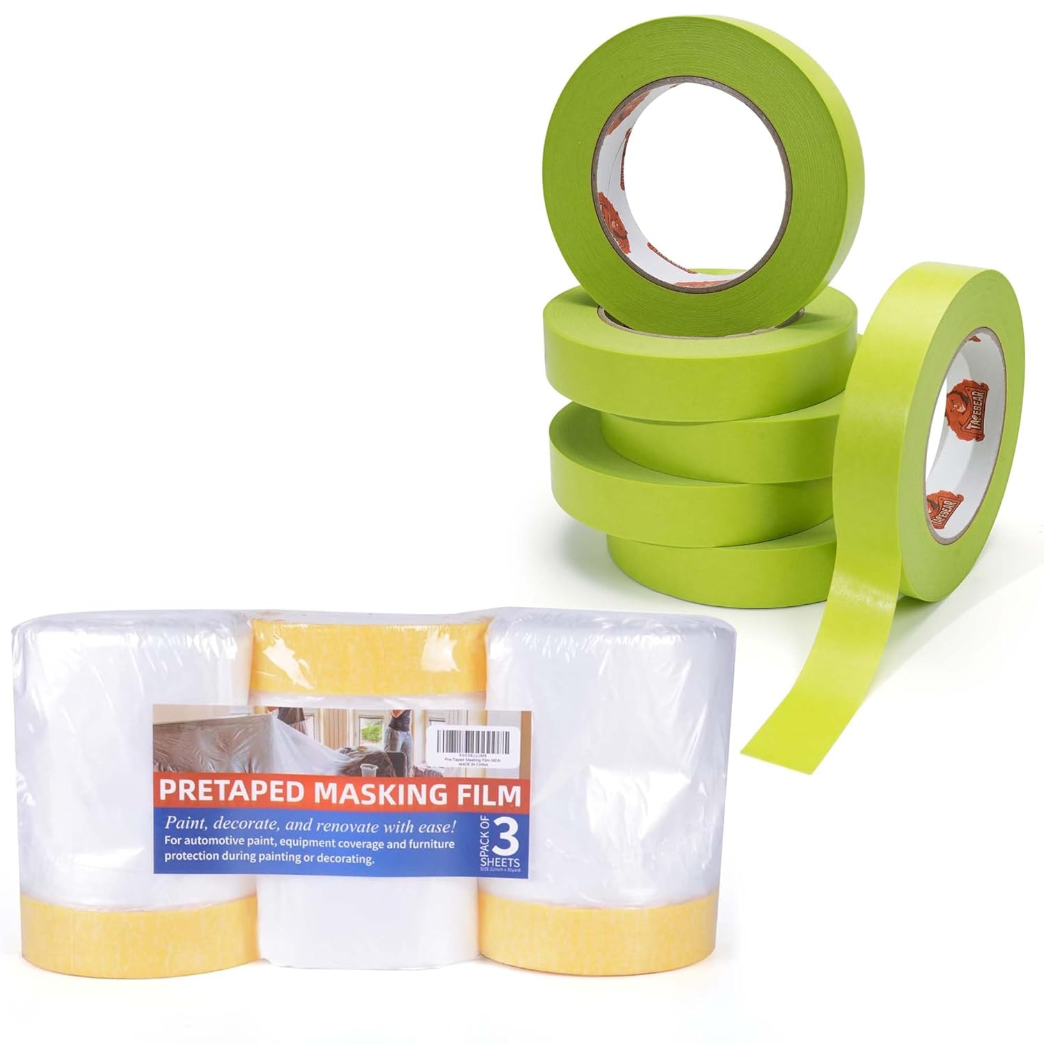TAPEBEAR Pre-Taped Masking Film, 21-Days Clean Removal Green Washi Masking Tape 0.94" x 60Yards