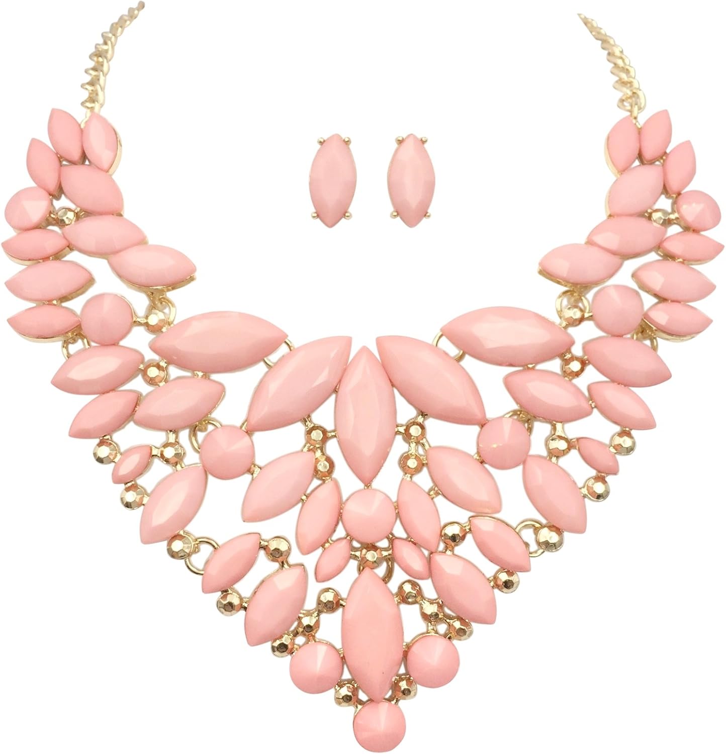 Gypsy Jewels Unique Cluster Bib Statement Boutique Style Gold Tone Necklace & Earrings Set - Assorted Colors (Light Pink)