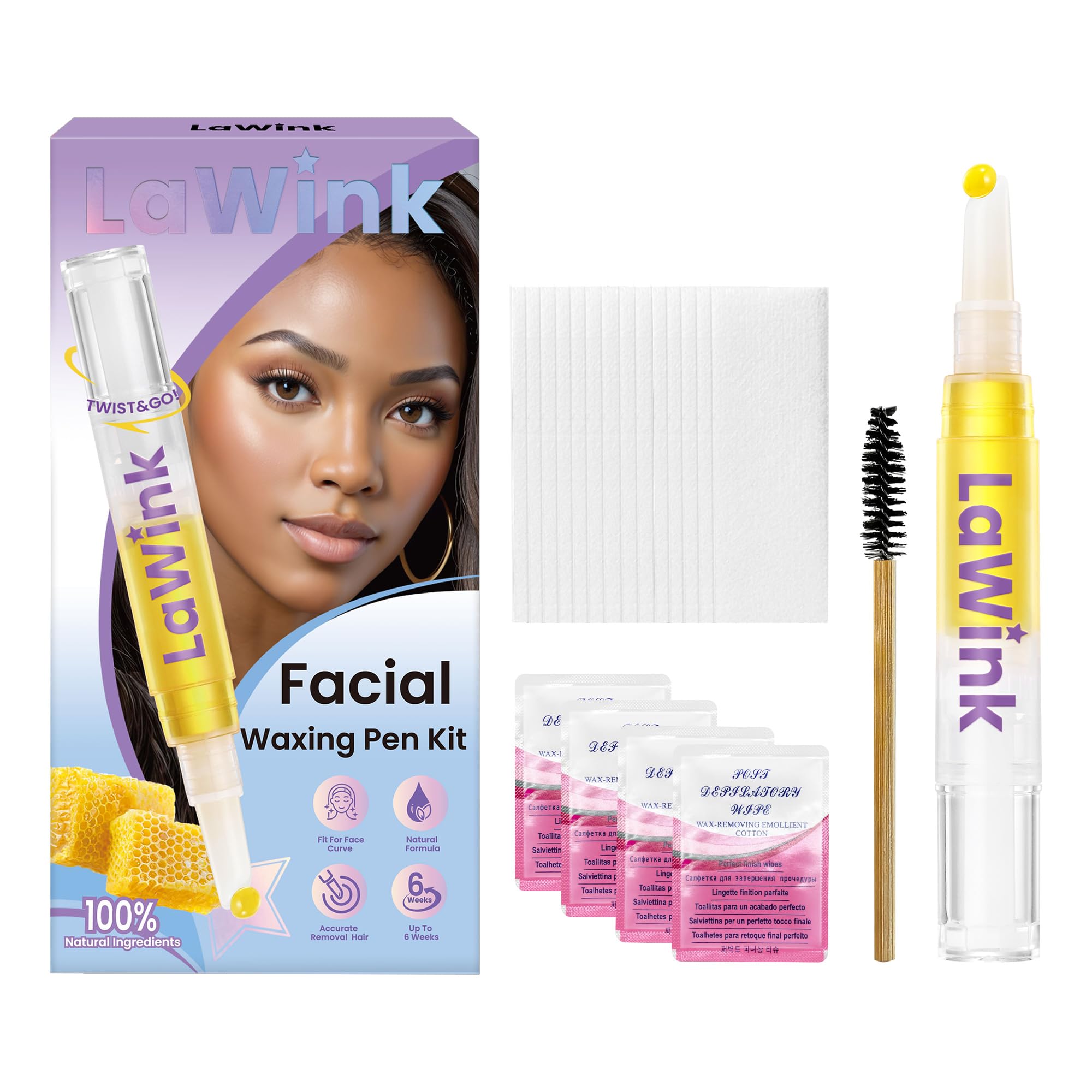 Facial Waxing Pen, Eyebrow wax kit, Eyebrow Shaper Wax Kit, Sugar Wax Wand, Facial Hair Removal For Eyebrow, Upper Lip, Chin, and Moustache with 20 Cotton Strips 4 Oil Wipe waxing kit for women