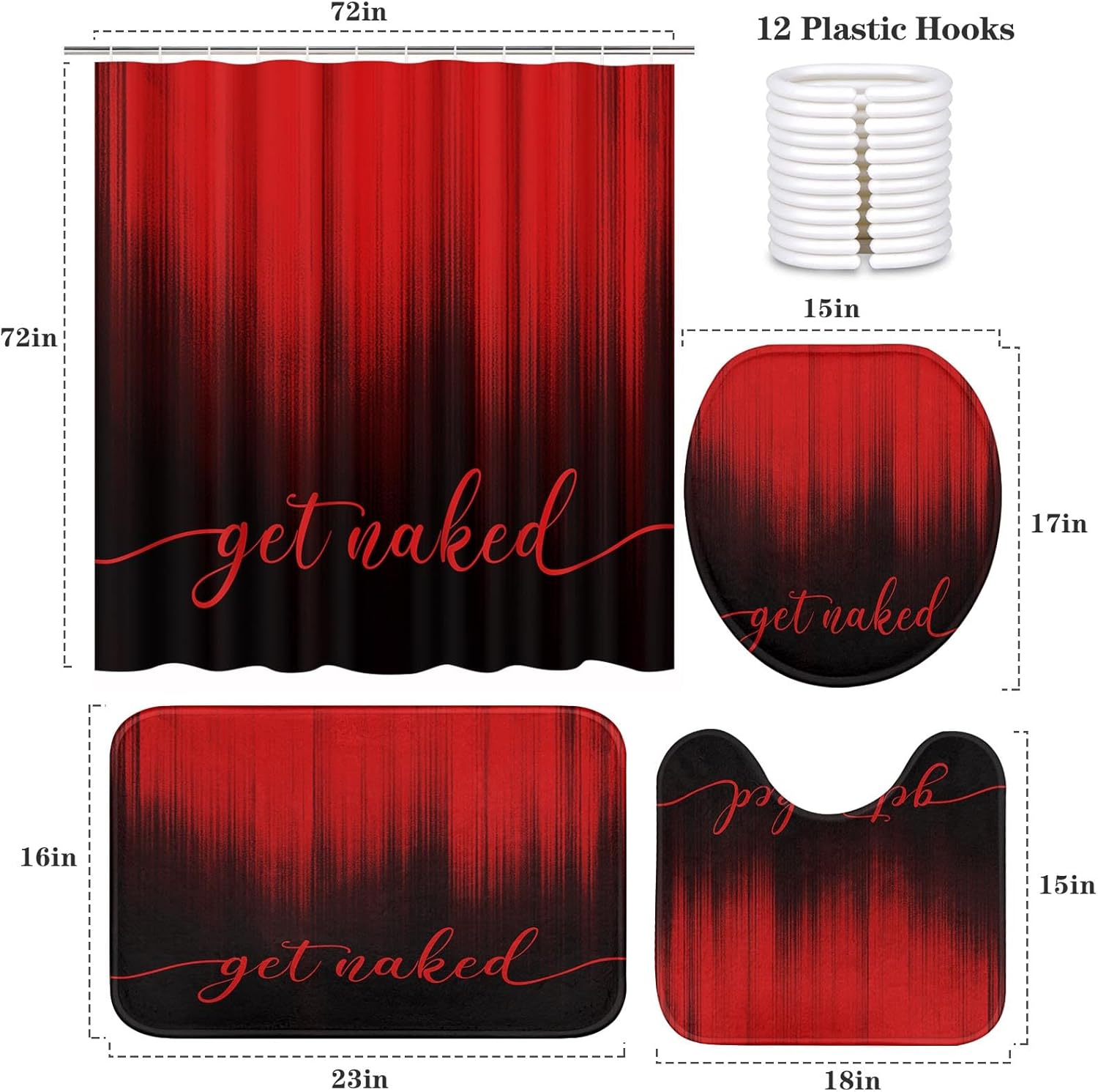ArtSocket 4PC Red Black Ombre Get Naked Modern Simple Shower Curtain Sets Bathroom Decor with Rugs, Non-Slip Rug,Toilet Lid Cover, Bath Mat and 12 Hooks 72x72 inches