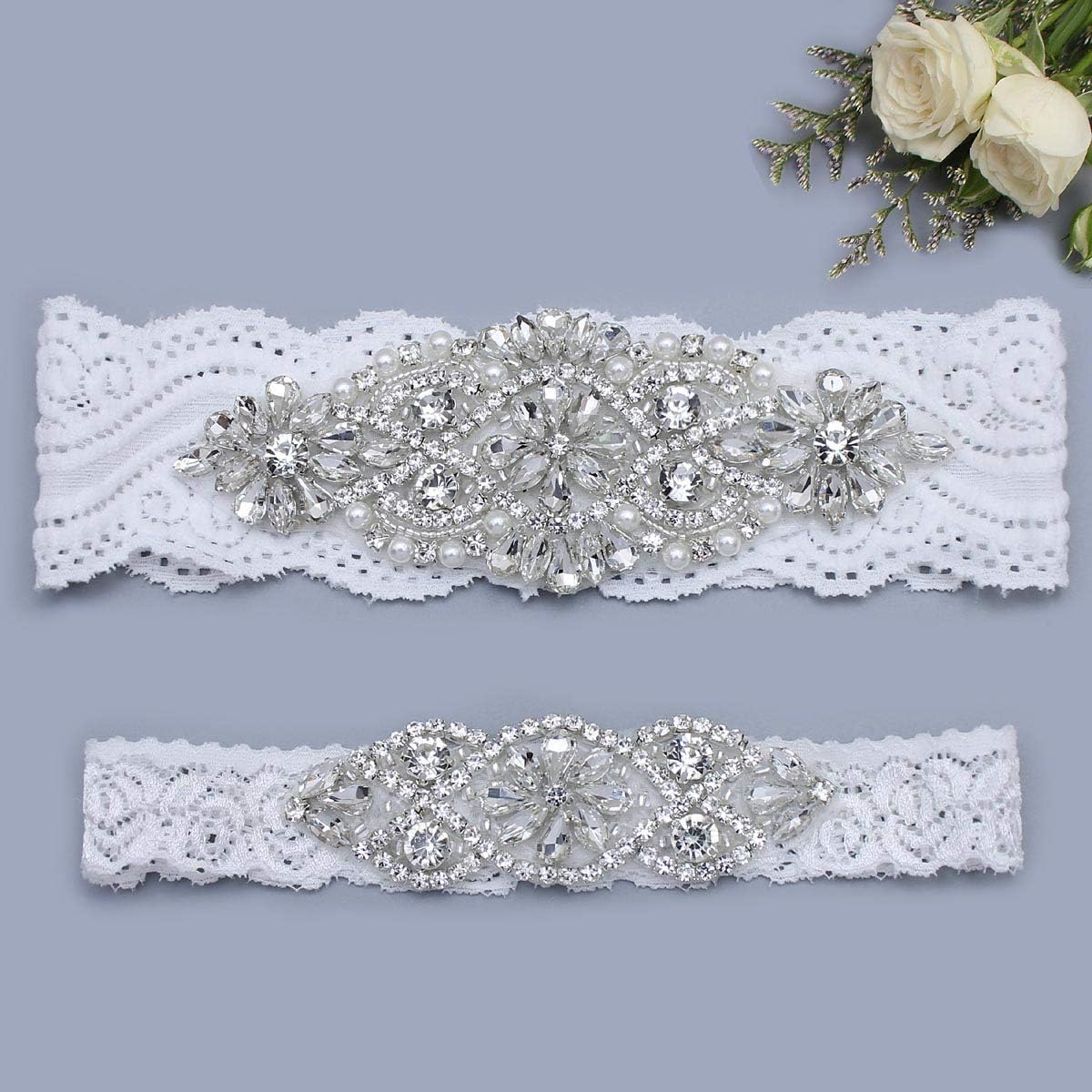 GARGALA Wedding Garters for Bride with Non-Slip Silicone, Lace Bridal Garter Set with Clear Rhinestones Crystal Pearl
