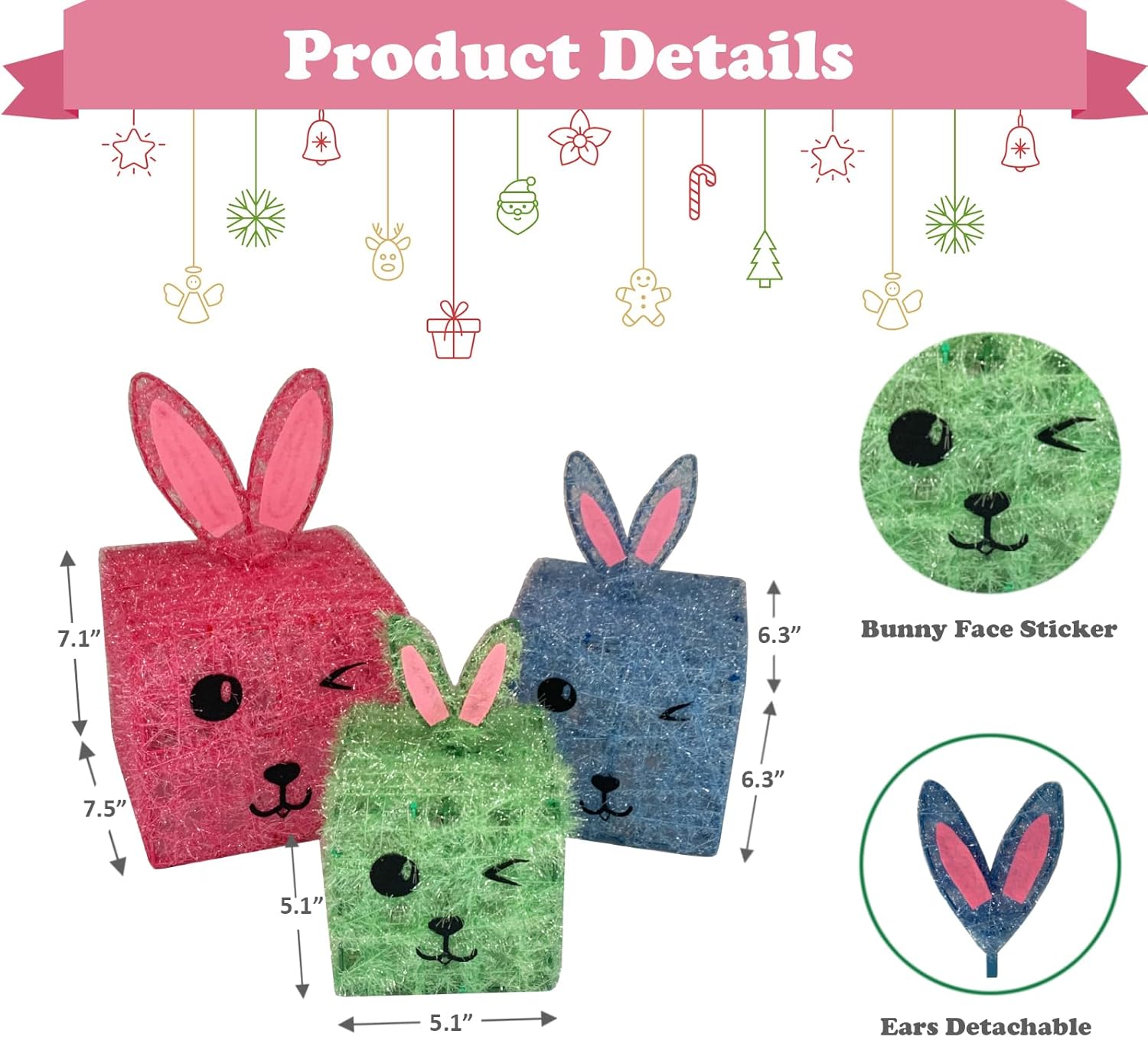 Party Holiday Decorations Lighted Gift Boxes Set of 3, Bunny Light Up Pink Blue Green Boxes Garden Décor for Home Yard, Battery Operated Prelit 80 Lights Present Box Lighted Display 8 Modes & Timer