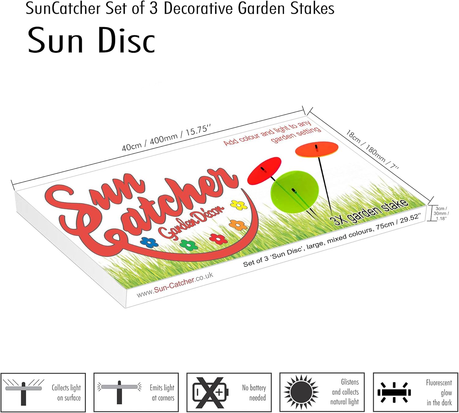 Glowing Sun Discs Set of 3 Sun Catcher Garden Decor Large Garden Stake 75cm, 29.5 inches high Indoor Outdoor Yard Accessory Gardeners Gift, Colour:red/Orange/Green (3) RG