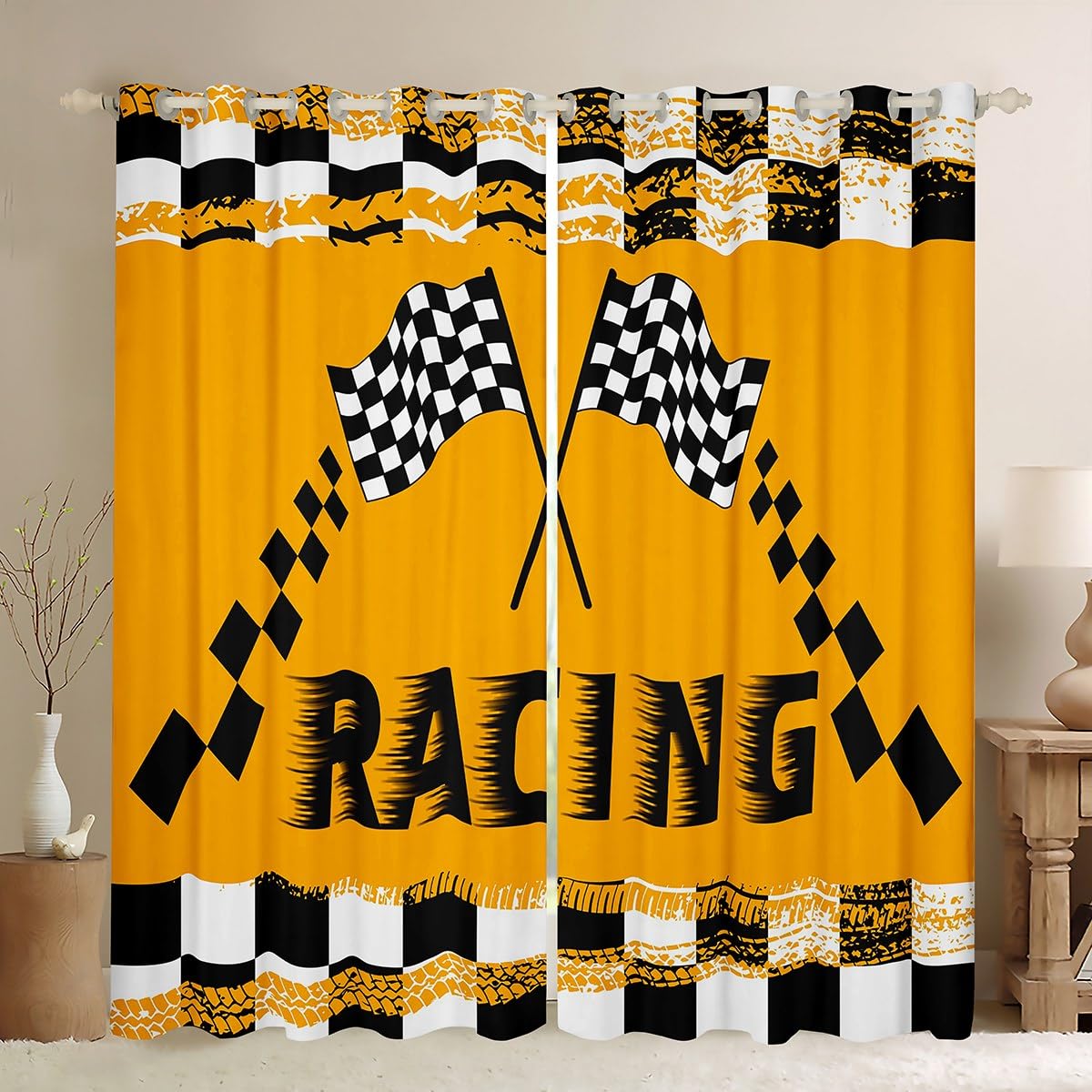 Manfei Racing Blackout Curtain Black White Check Flag Window Drapes for Kids Boys Teen Room Decor, Extreme Sports Theme Window Treatments Grommet Top 2 Panel Set Bedroom Curtains, 46Wx72L inch — image 1