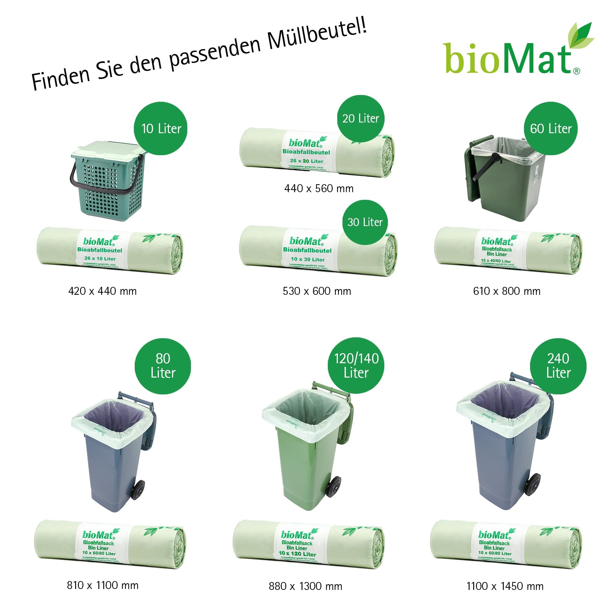 bioMat 120/140l kompostierbare und klimaneutrale Abfallsäcke, 20 Stk. Müllsäcke für Biotonne, Premium-Qualität, Grün