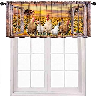 Rooster Kitchen Valance,Farmhouse Farm Sunflower Vintage Chicken Rustic Wooden Barn Country Small Short Cafe Window Curtains for Bedroom Living Room Bathroom,1 Piece,54x18 Inch