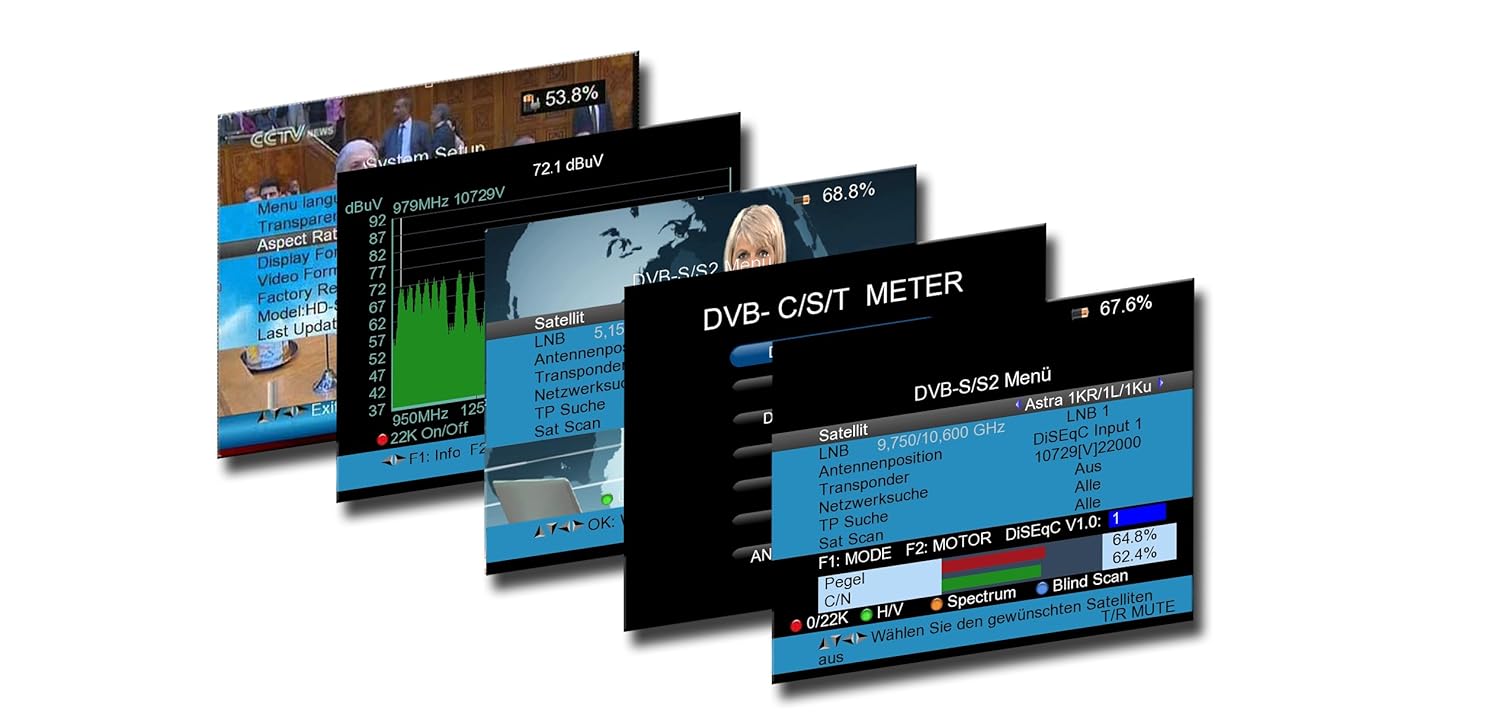 Screenshots of the PeakTech P 9020's user interface showing various DVB menus and signal information