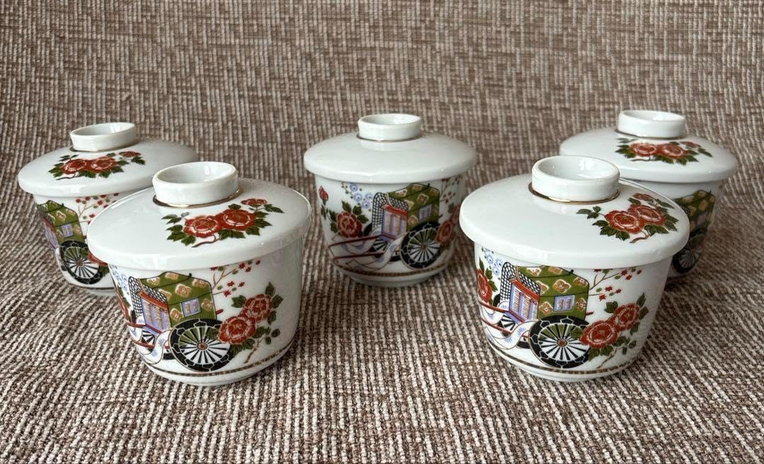 茶碗蒸し碗 5点セット レトロ 有田焼 翠泉窯 赤絵花鳥 茶碗蒸し