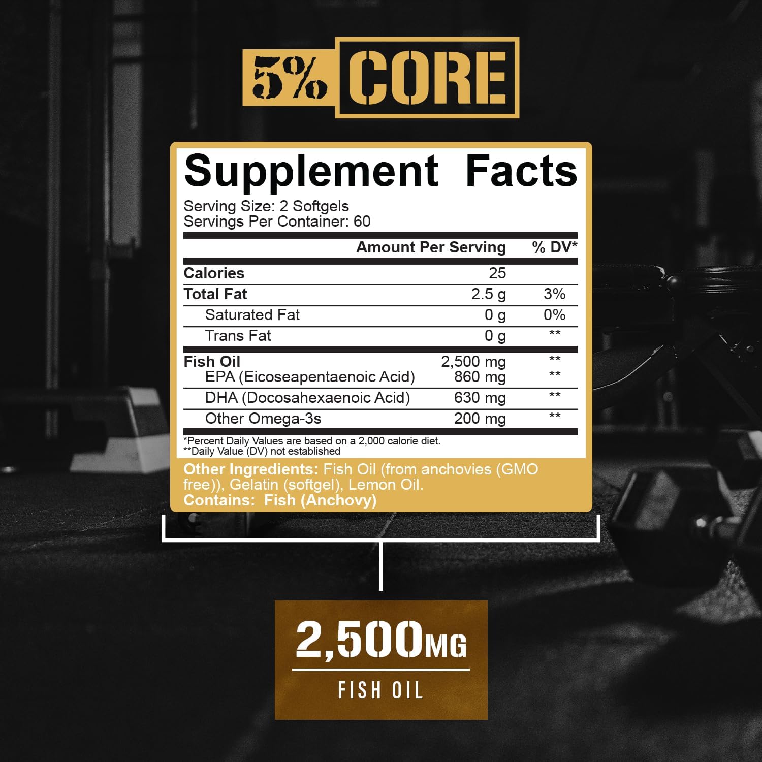 5% Nutrition Core Fish Oil Supplement | 2,500 mg EPA DHA Omega 3 Fatty Acid Supplement | Burpless Fish Oil for Faster Recovery, Joint Support, Heart Health (60 Servings / 120 Softgels)
