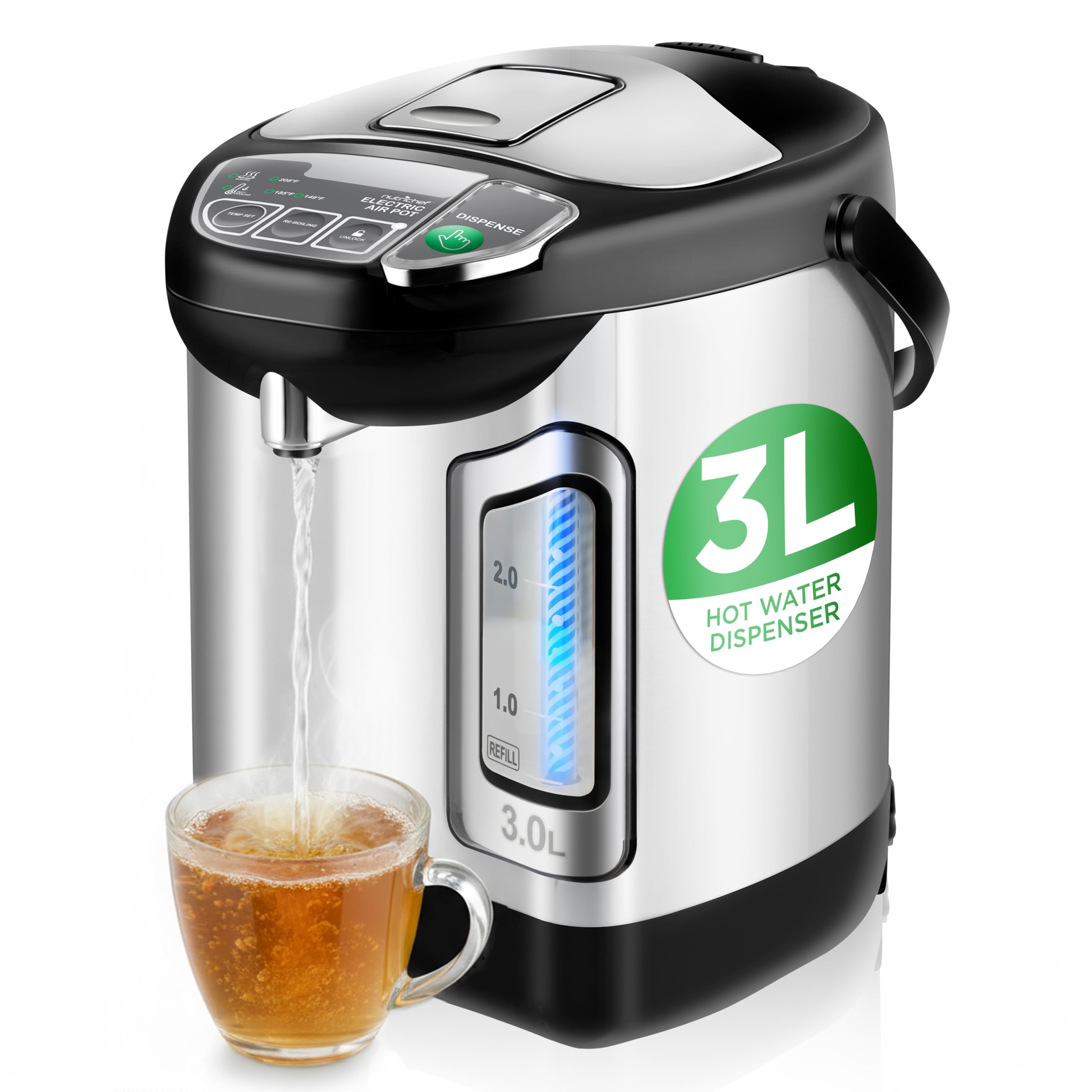 nutrichef electric water boiler and warmer - 3l/3.17 qt stainless steel electric hot water dispenser w/rotating base, auto shut off, safety lock, instant heating for coffee & tea (nchub13)