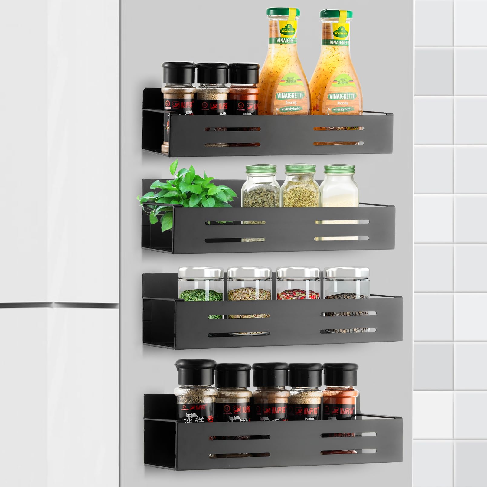 VIAV 4PCS Magnetic Spice Rack for Refrigerator Large Capacity Magnetic Fridge Shelves,Strong Magnetic Shelf,Space Saving Fridge Magnet Organizer,Spice Rack for Kitchen Organization and Storage
