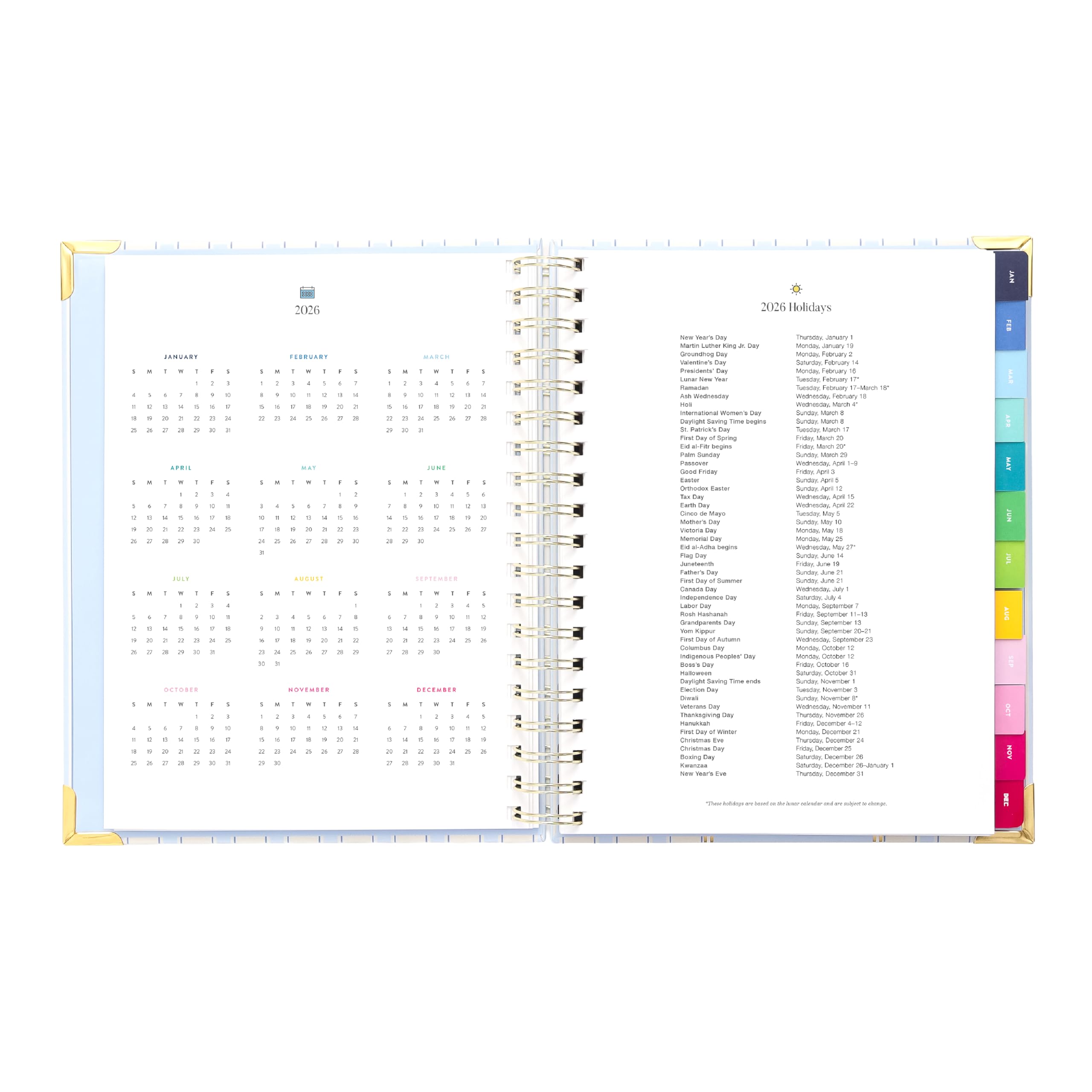 Simplified Agenda settimanale 2026, 12 mesi, a spirale, motivo Serene Stripe, da gennaio 2026 a dicembre 2026, con adesivi, tasche e scatola dei ricordi