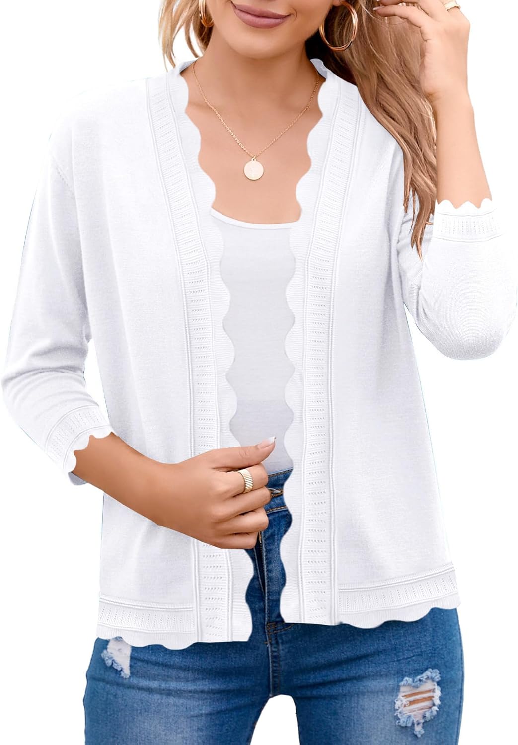 BeautyNee Women’s 3/4 Sleeve Cropped Cardigan Sweater 2024 Spring Open Front Knit Shrug Light Weight Shirts