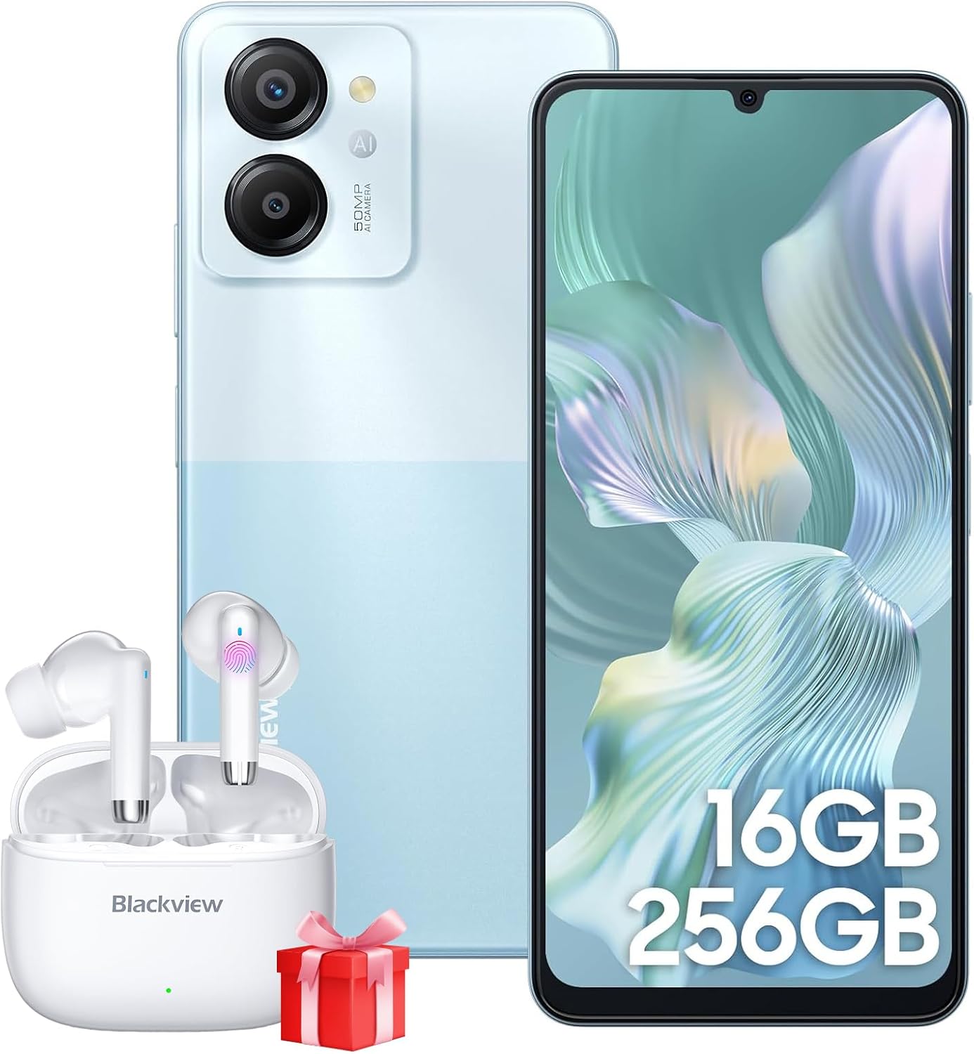 Blackview Smartphones, Color 8 16GB+256GB(TF 1TB), 6000mAh, Fast Charge, 6.75’’ FHD+ 90Hz, Android 13 Phone, 50MP Main Camera, 4G Phone Unlocked, 3 Card Slots, Fingerprint,GPS – Blue