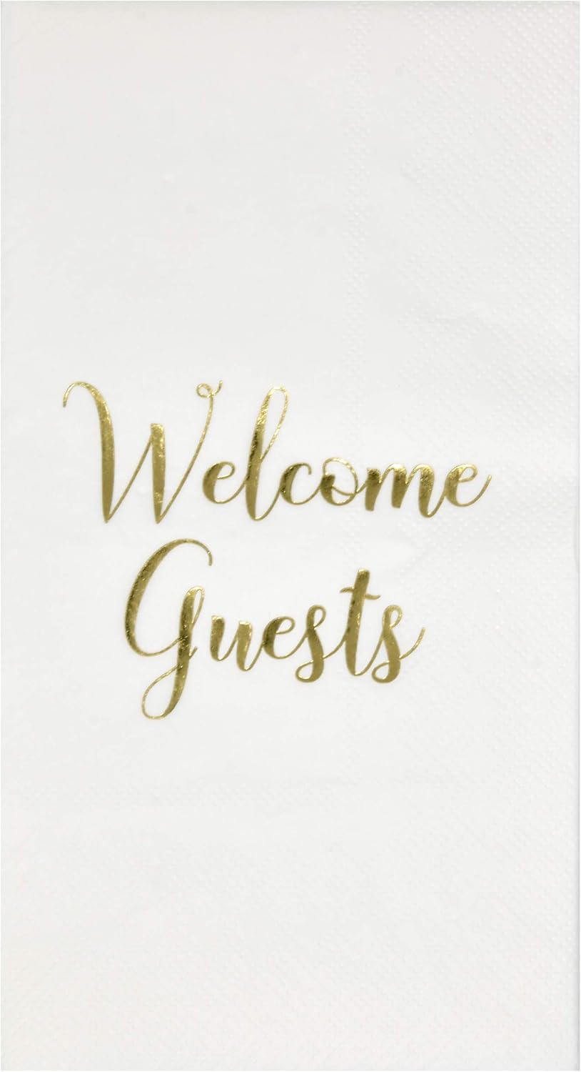 Gift Boutique 100 Gold Welcome Guests Napkins Disposable Paper Elegant Metallic Foil Dinner Guest Hand Napkin for Bathroom Powder Room Wedding Holiday Anniversary Baby Bridal Shower Decorative Towel