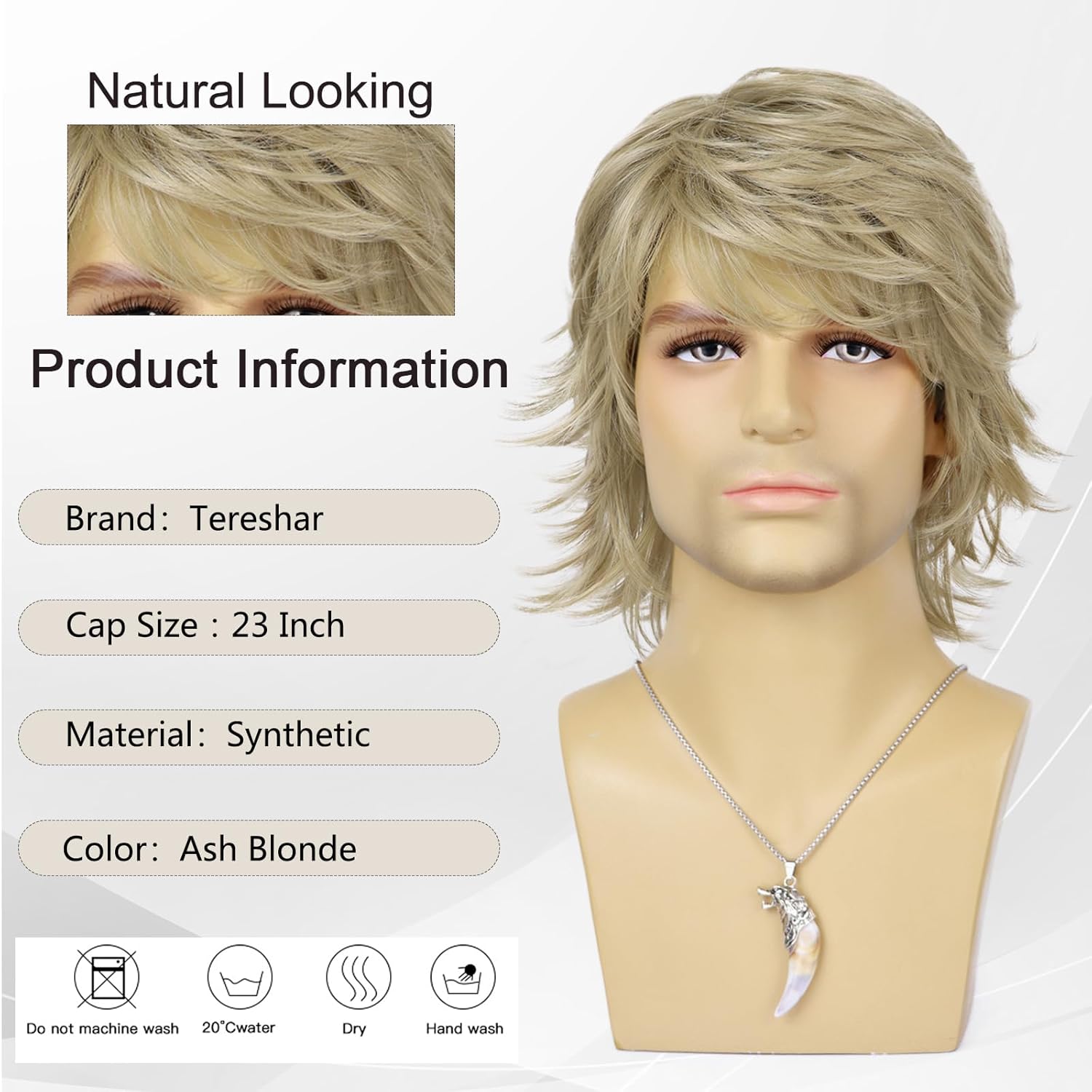 Mens Blonde Wig Short Layered Natural Wavy Synthetic Heat Resistant Hair Wigs Male Guy Daily Party Halloween Costume Cosplay Wigs (Ash Blonde) - Image 3