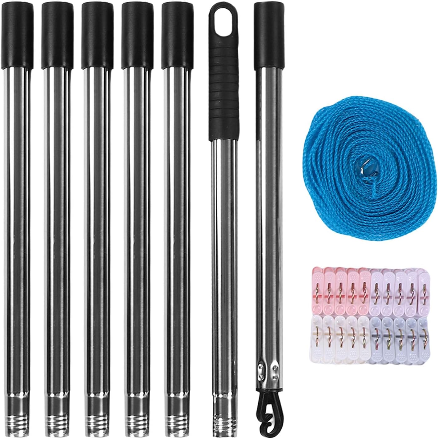 Telescoping Laundry Line Support Rod, 29.5in to 98.4in Detachable Laundry Pole with Clothesline and Clothespins Stainless Steel Clothes Washing Line Prop for Yard Camping Patio Apartment Hotel Use